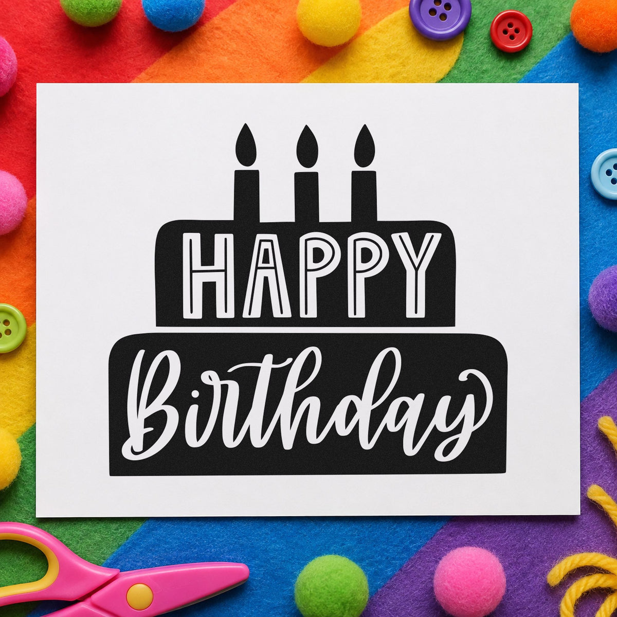 Happy Birthday Solid Cake rubber stamp printed in black ink, ready for two tier cards and similar paper crafts.