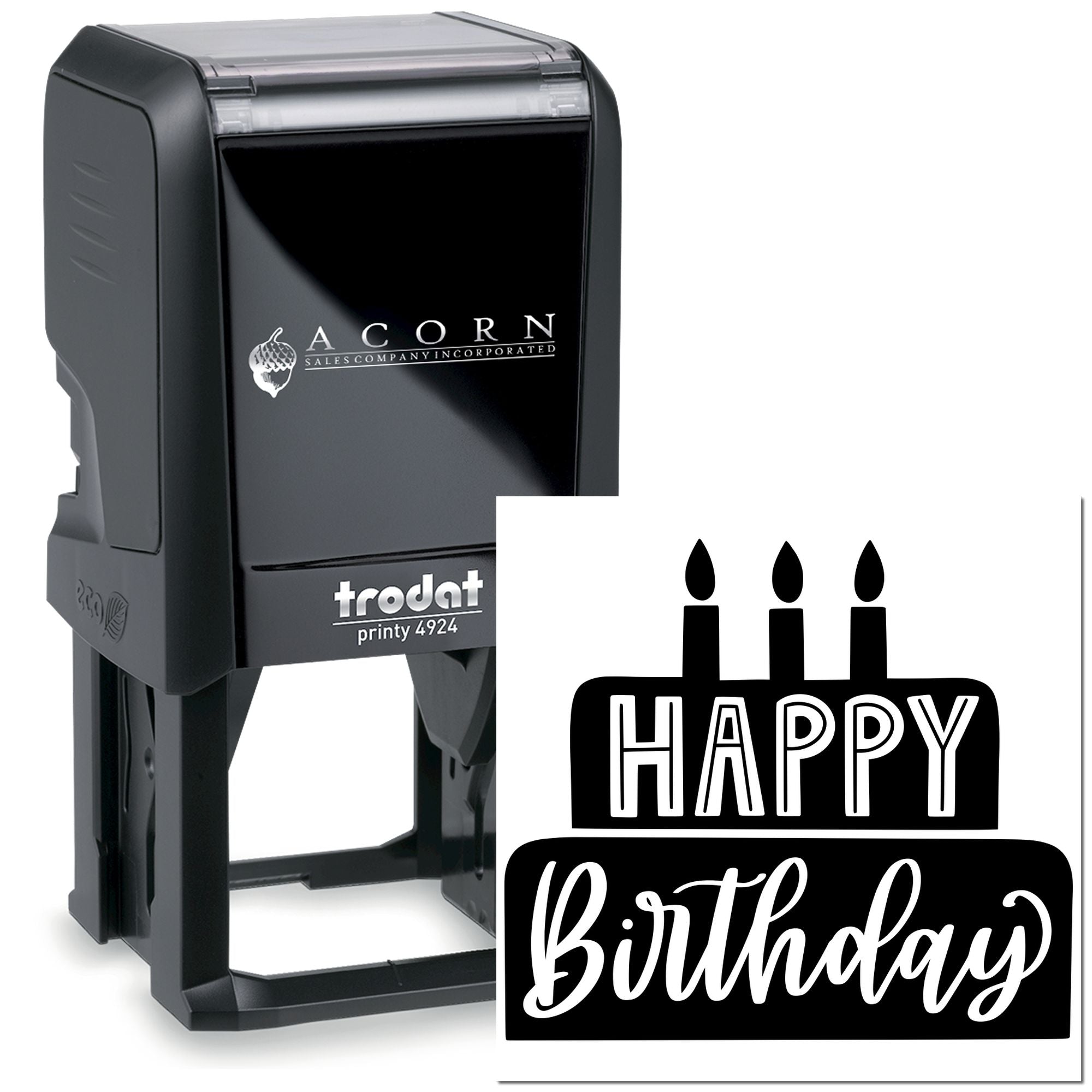 Personalized self-inking rubber stamp for birthday cards, Trodat Printy 4924 with Happy Birthday design.