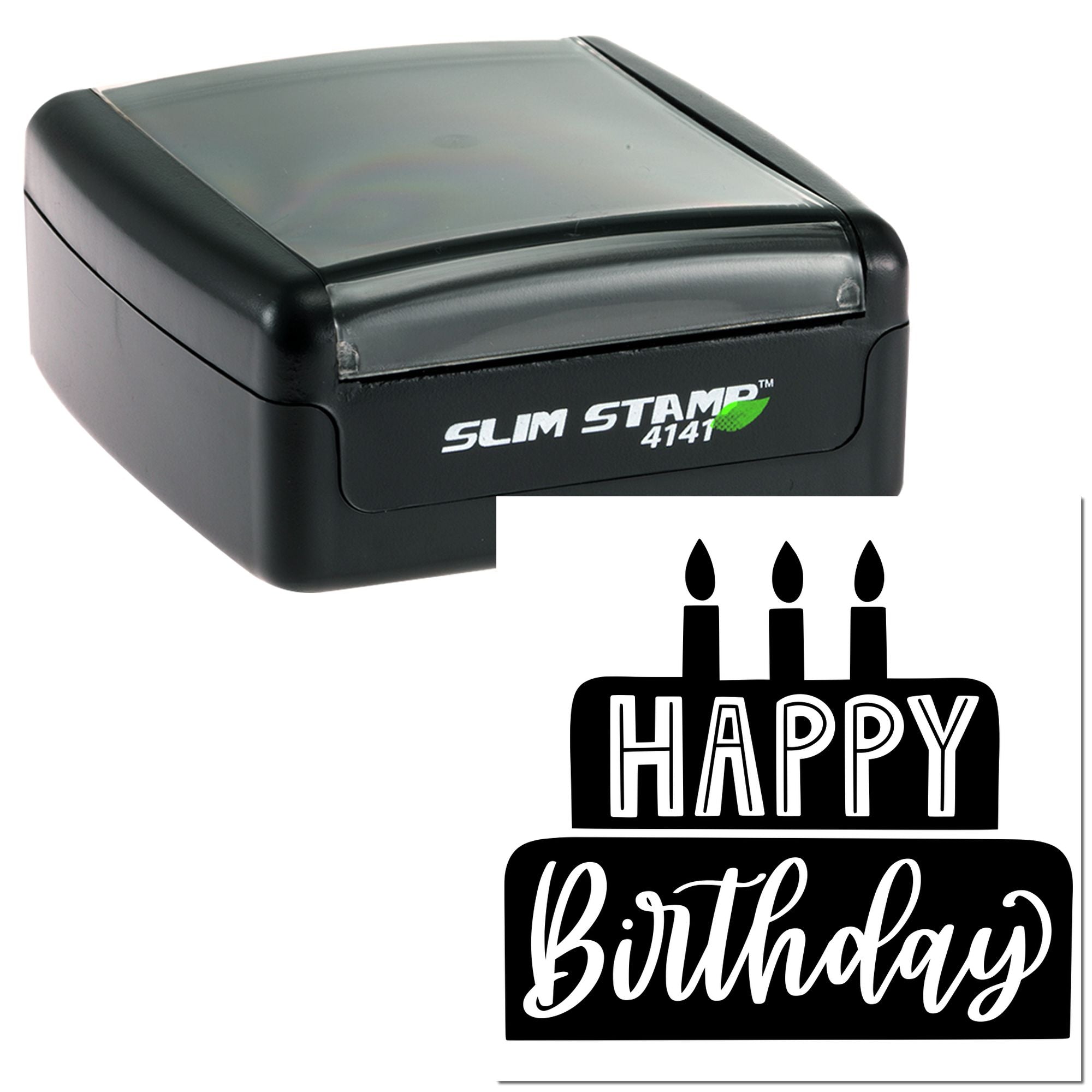 Self-inking birthday rubber stamp with candle design, ideal for party invitations, greeting cards and gift packaging.