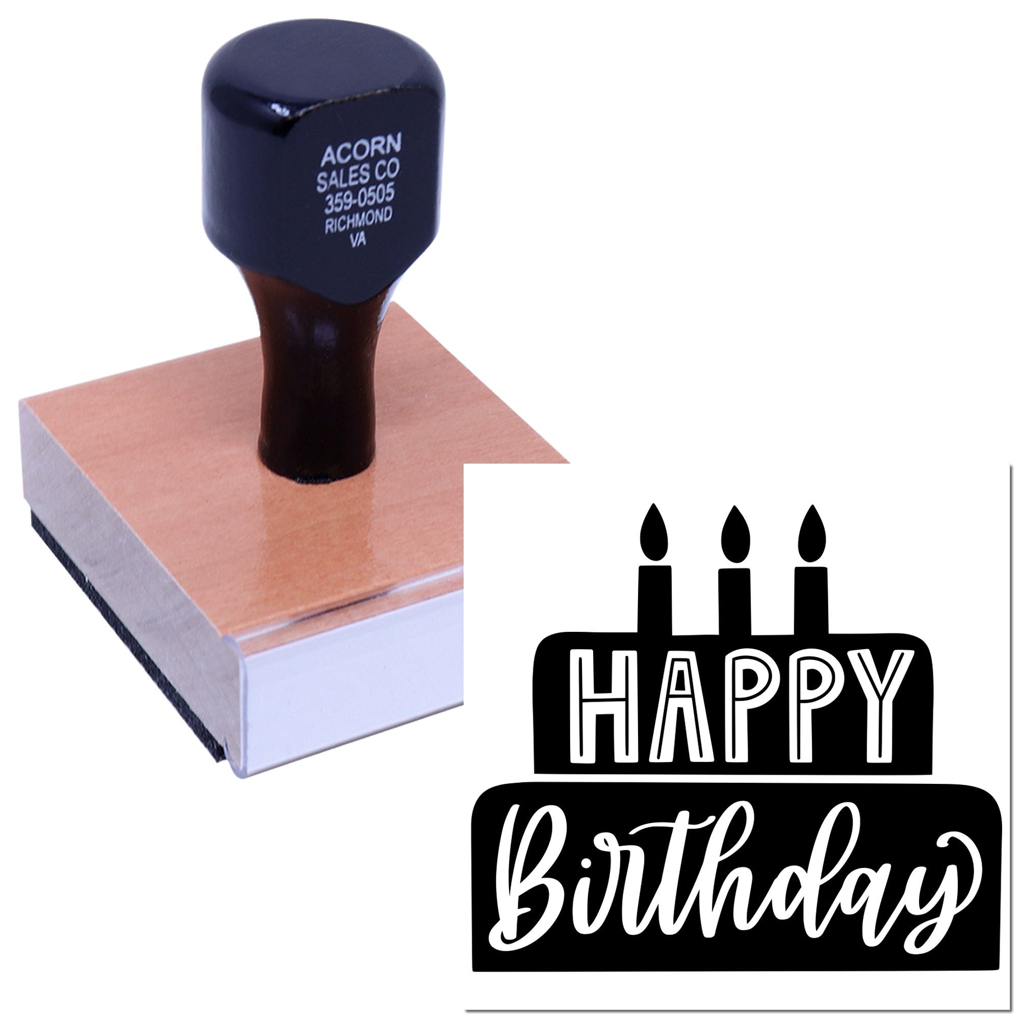 Custom Happy Birthday rubber stamp with cake design for cards, invitations, and party decorations.