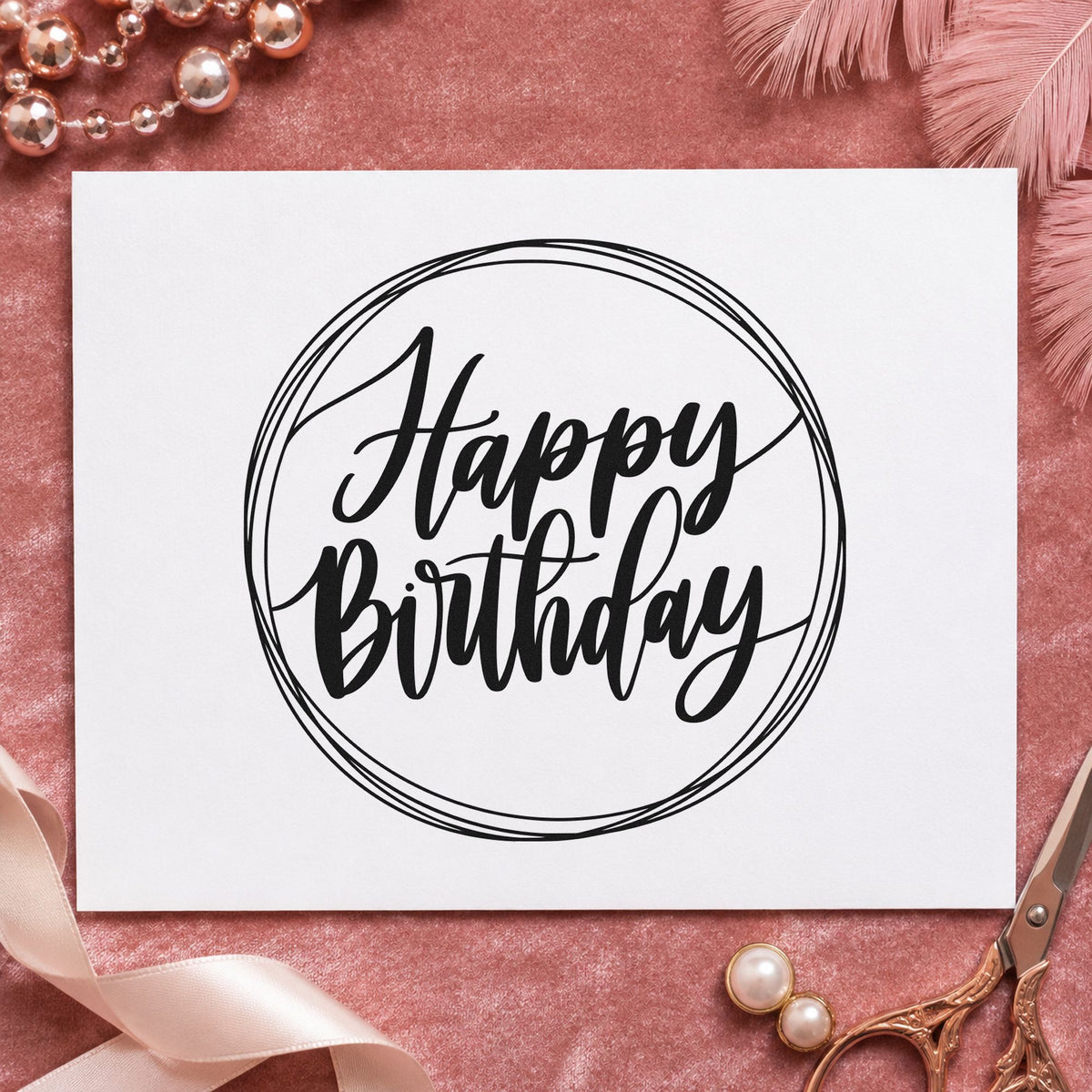 Happy Birthday Circular Frame craft stamp in black ink on cardstock, an easy option for chalk art album page.