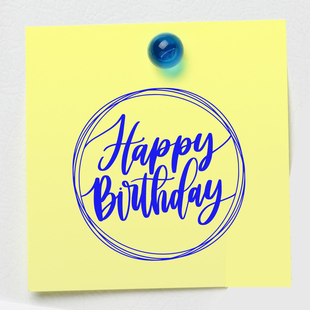 Happy Birthday Circular Frame rubber stamp shown in blue ink, stamped for projects such as chalk art album page.