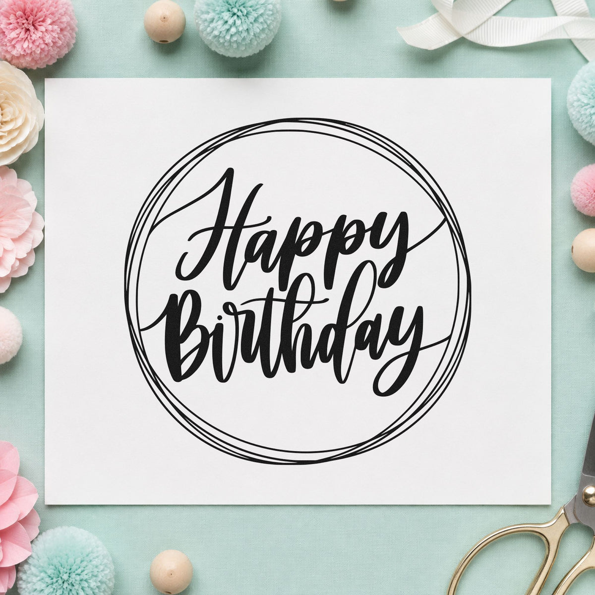 Happy Birthday Circular Frame rubber stamp printed in black ink, ready for design plan sheet and similar paper crafts.