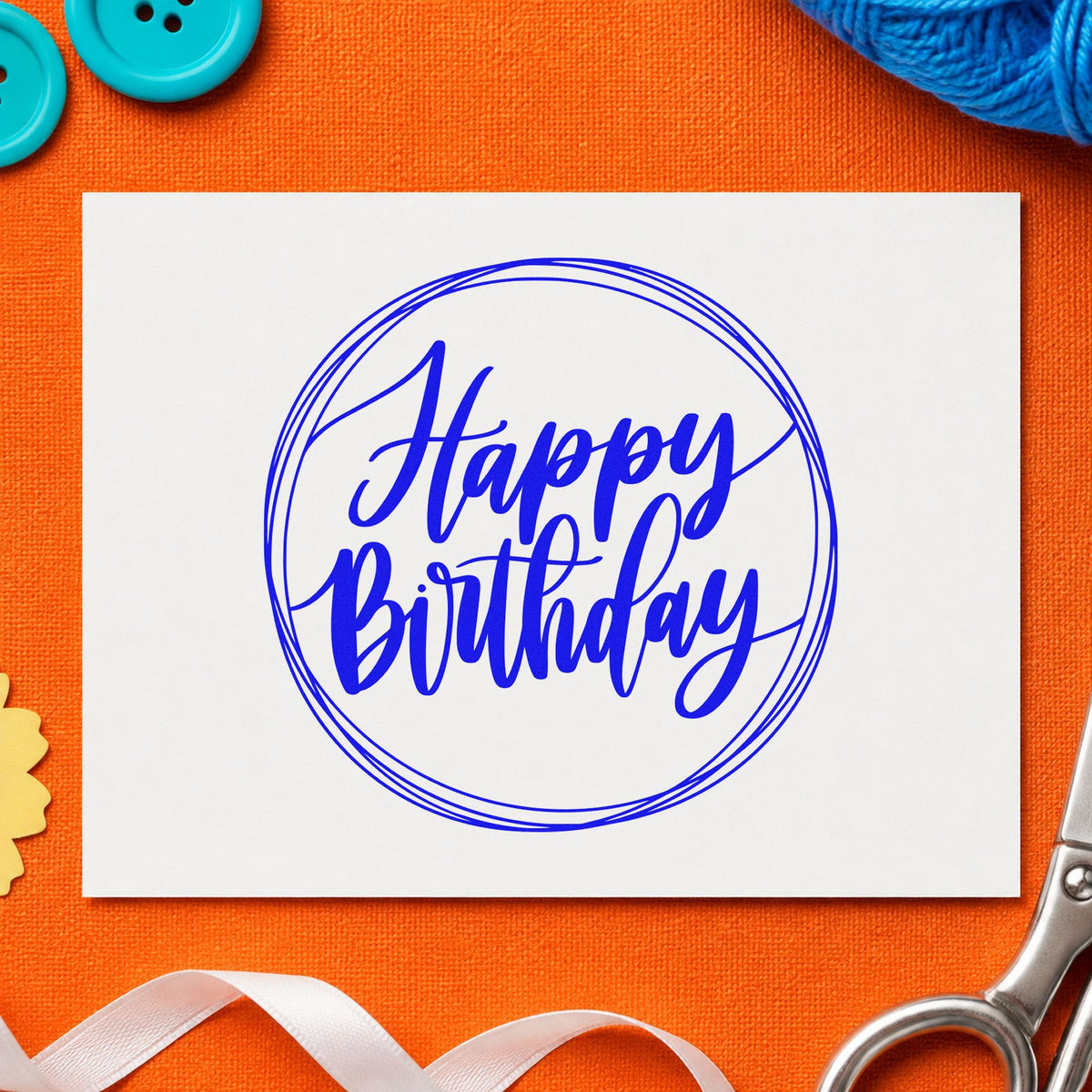 Happy Birthday Circular Frame craft stamp imprinted in blue ink on paper, a design suited to framed garage wall.