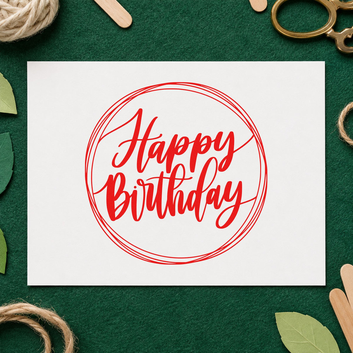 Happy Birthday Circular Frame craft stamp imprint in red ink on a handmade project, one idea being layout sketch cards.