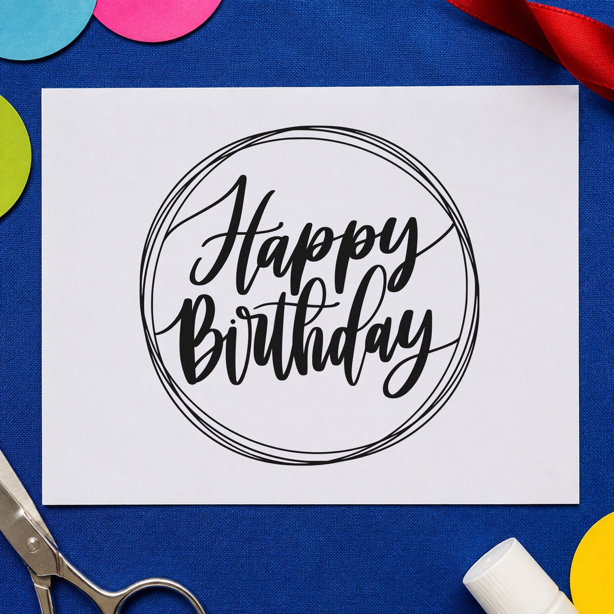 Happy Birthday Circular Frame rubber stamp printed in black ink, ready for loose circle cards and similar paper crafts.