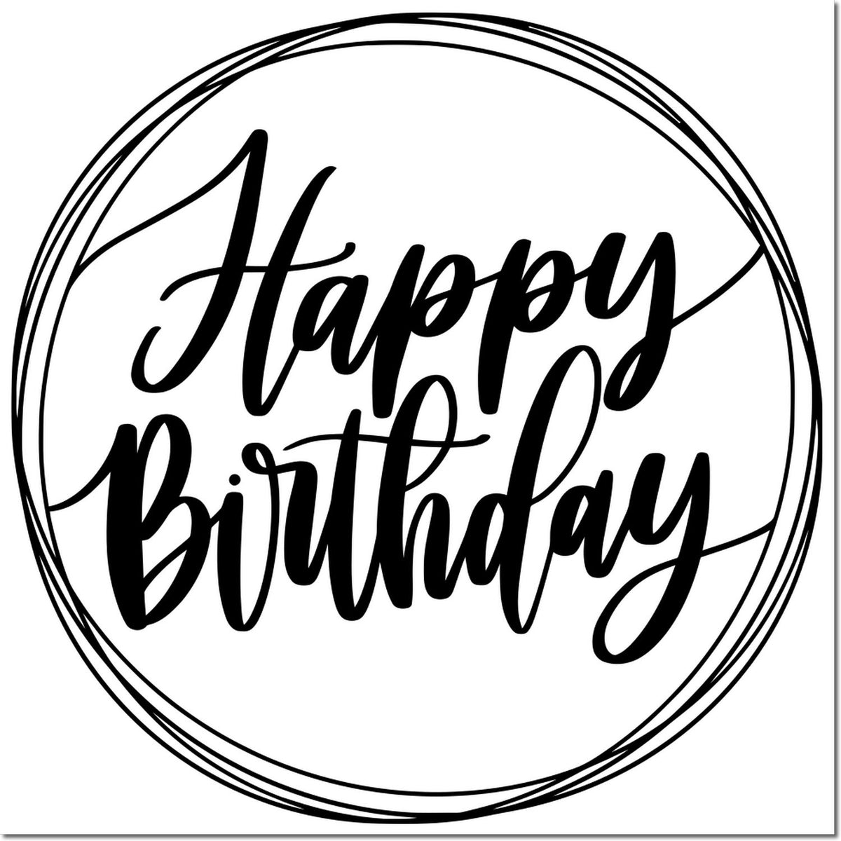 Happy Birthday rubber stamp design in decorative script with circular border for birthday cards, crafts, and scrapbooking.
