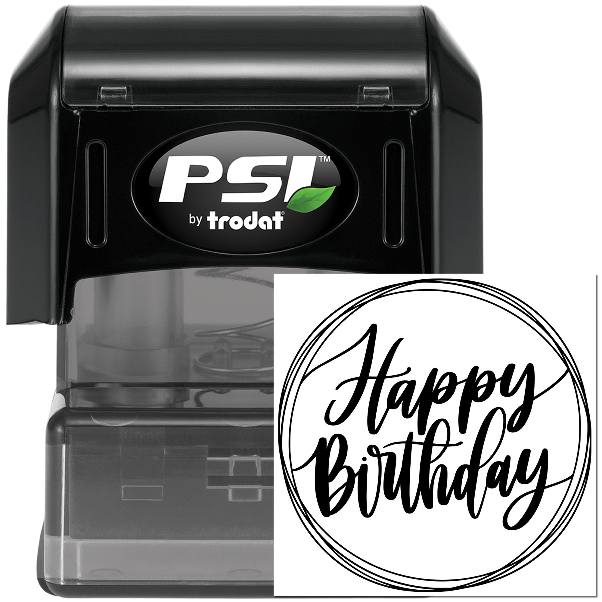 PSI by Trodat self-inking rubber stamp with round Happy Birthday design for birthday cards, gifts, and packaging