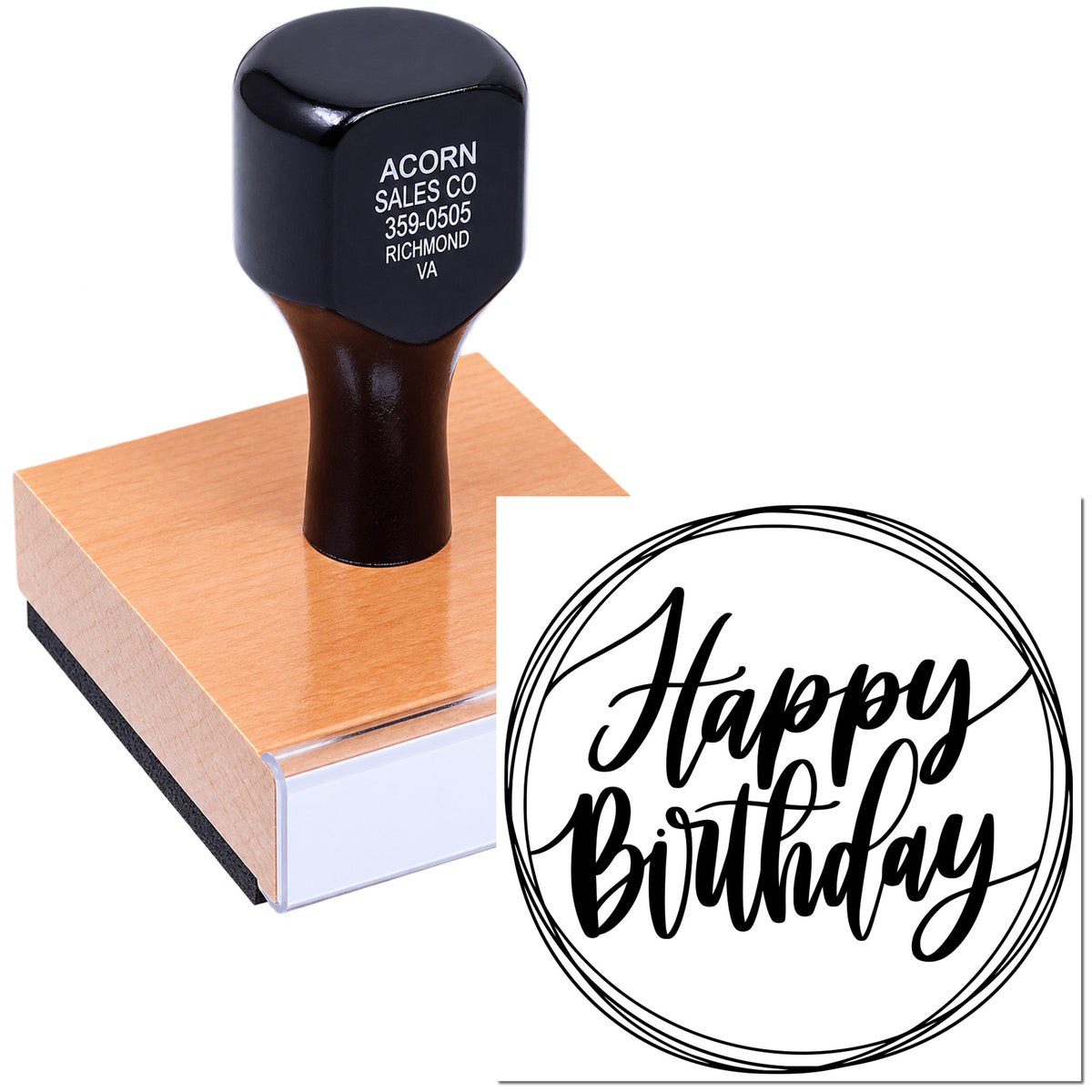 Custom Happy Birthday rubber stamp with wood block mount, ideal for handmade birthday cards and party invitations.