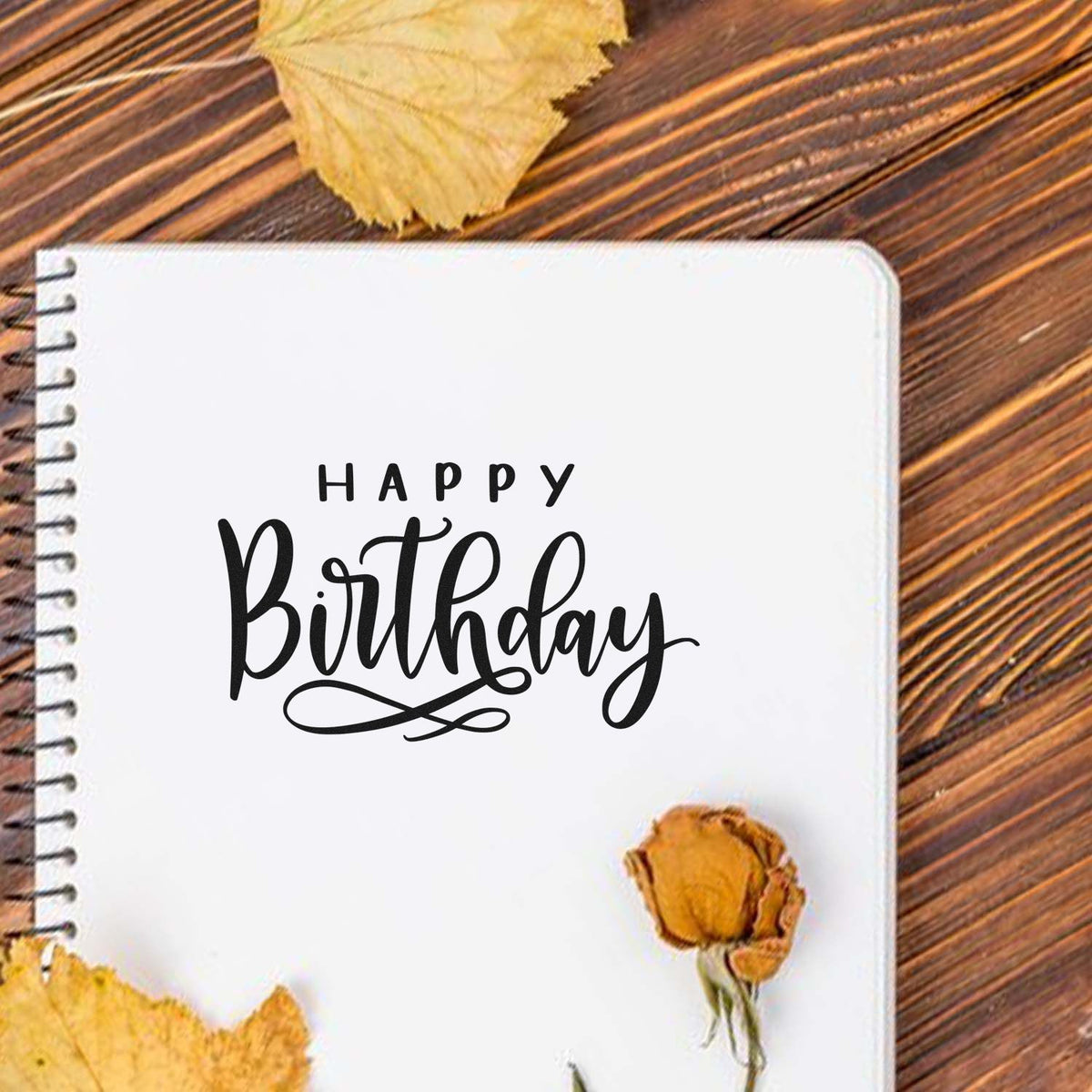 Tall Birthday Script Loop Flourish Premium Wood-Mounted Stamp - Vintage Pro imprint stamped in black ink. Spaced HAPPY sits above a tall Birthday script with a looped underline.