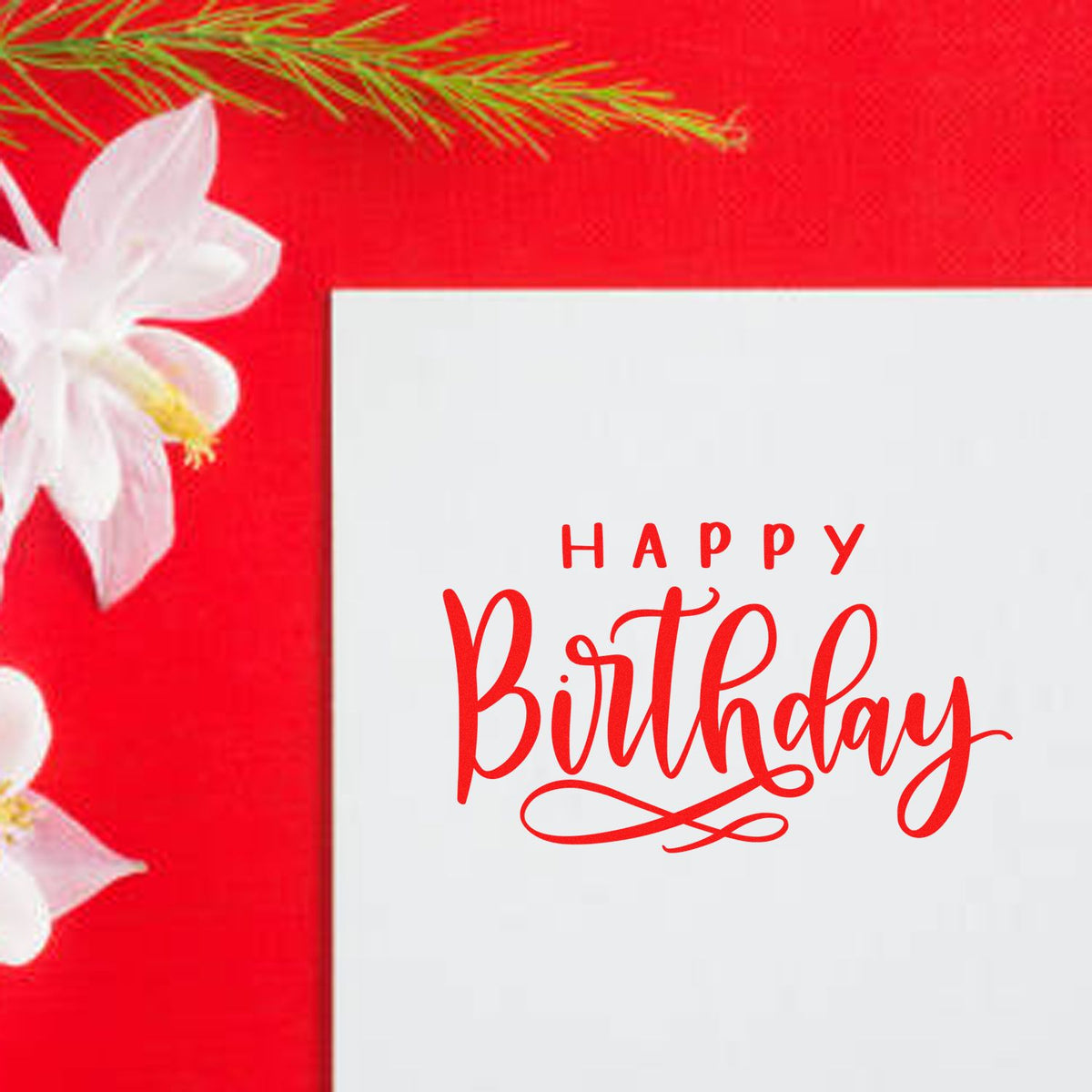 Happy Birthday Loop Underline rubber stamp shown in red ink, stamped for projects such as class gift album page.