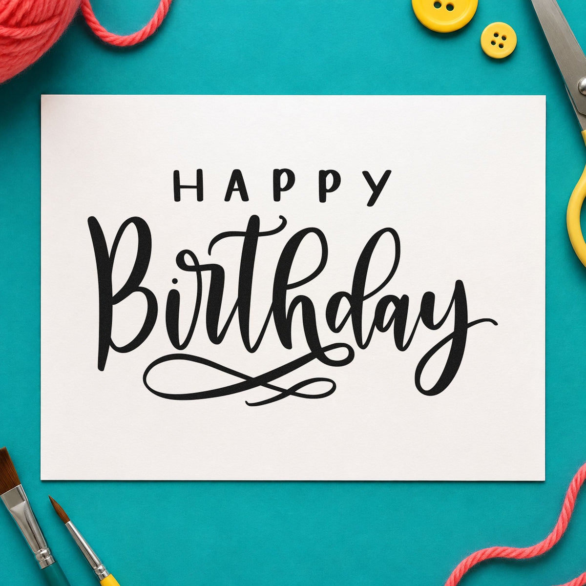 Happy Birthday Loop Underline craft stamp imprint in black ink on a handmade project, one idea being class gift tags.