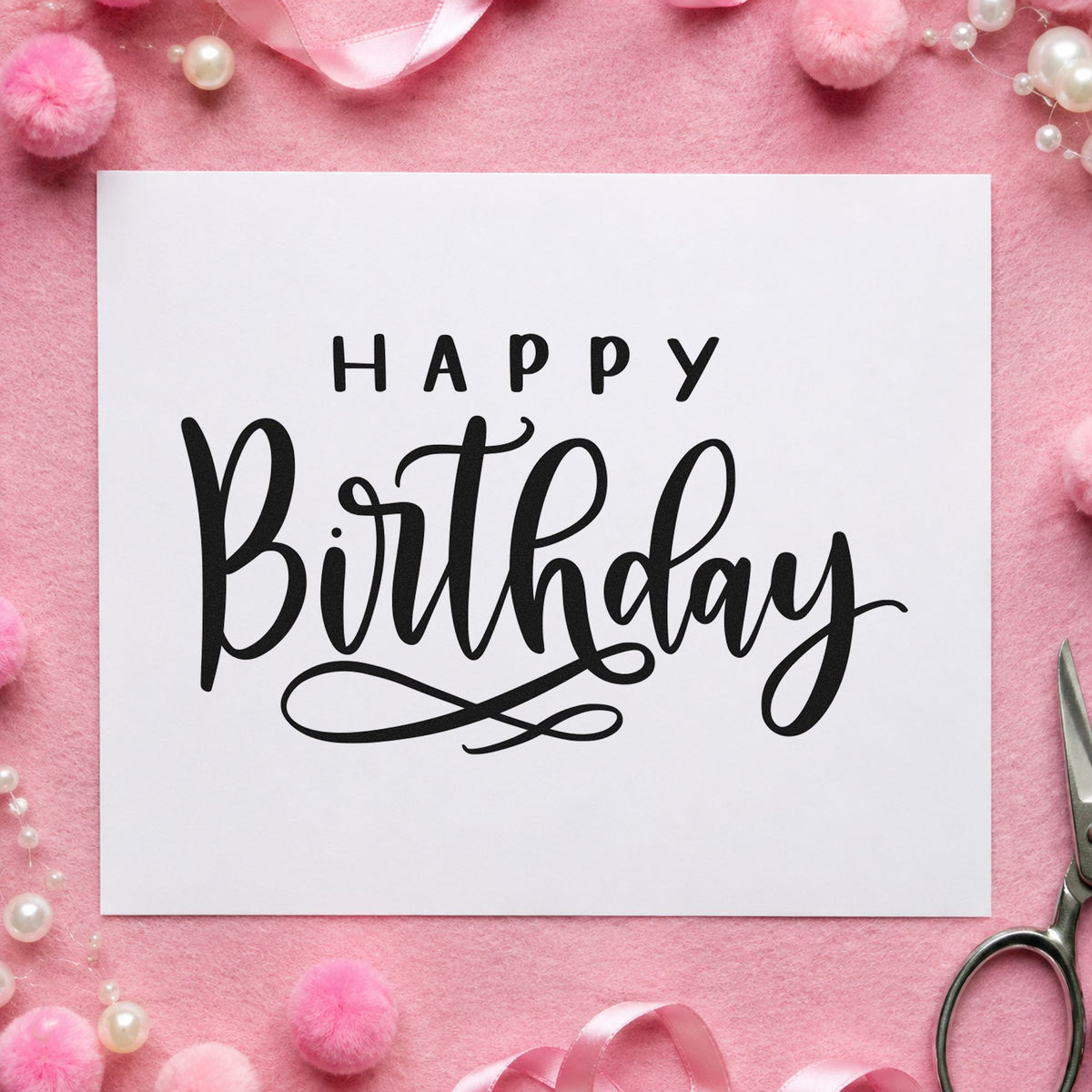 Happy Birthday Loop Underline rubber stamp printed in black ink, ready for collection sheet and similar paper crafts.