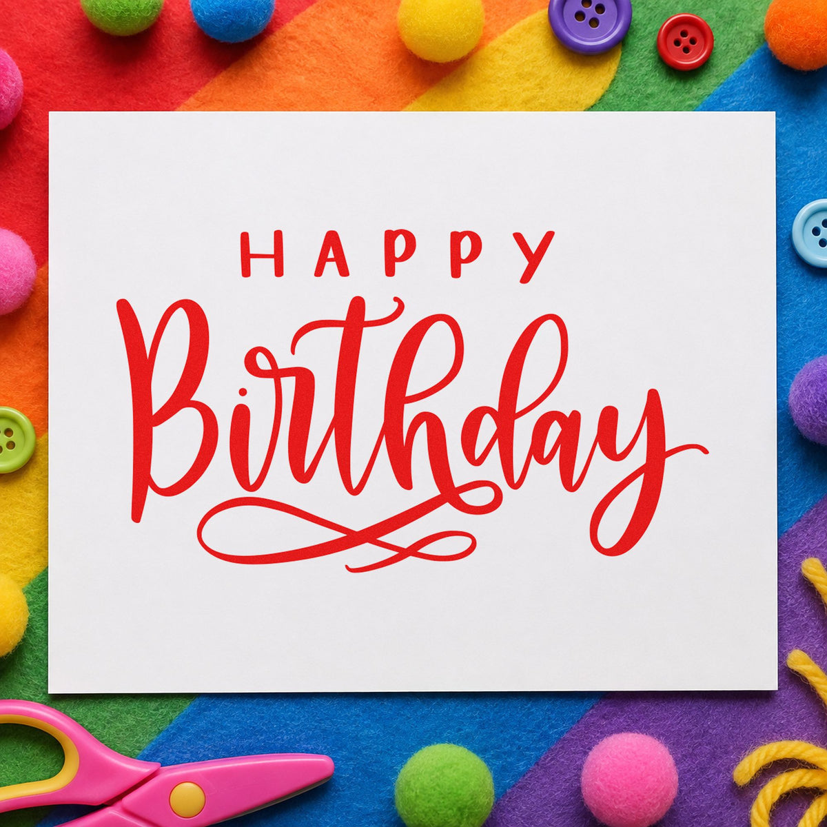 Happy Birthday Loop Underline rubber stamp shown in red ink, stamped for projects such as bin supply labels.