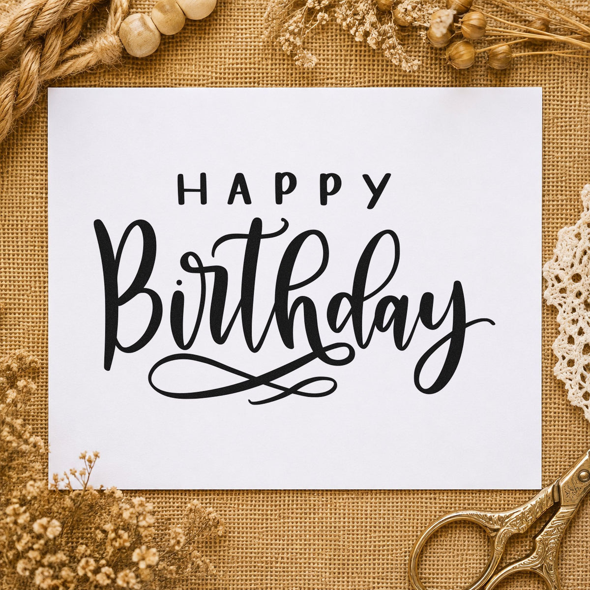 Happy Birthday Loop Underline rubber stamp printed in black ink, ready for spaced capital cards and similar paper crafts.