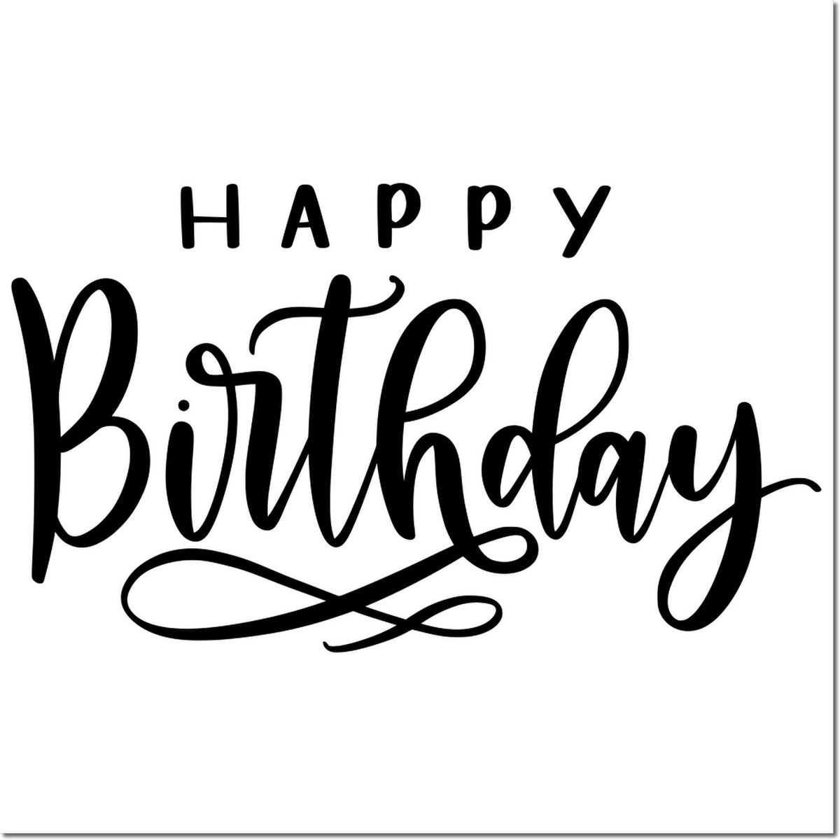 Happy Birthday decorative rubber stamp design in black script, ideal for handmade cards, craft projects, and birthday packaging.