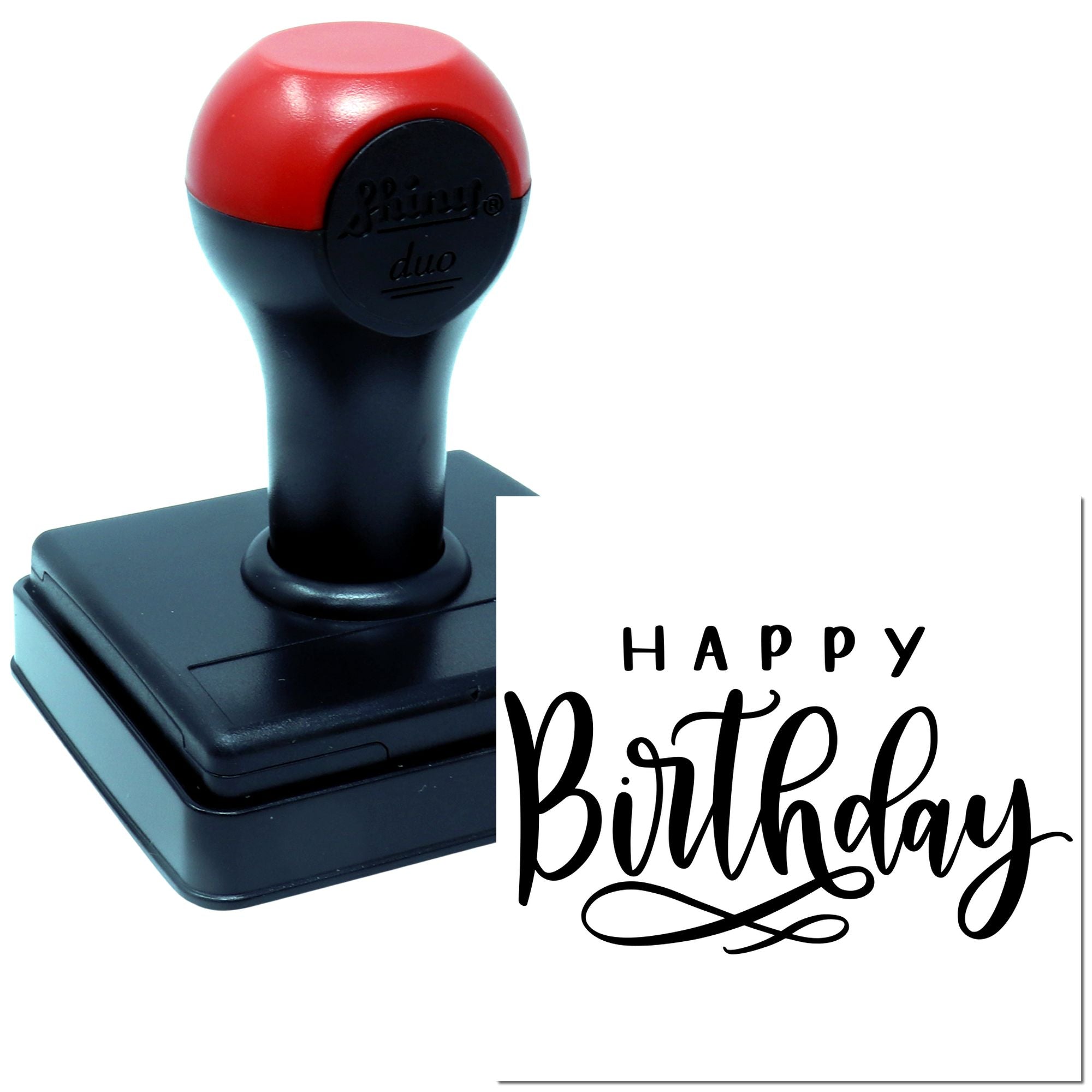Happy Birthday rubber stamp with self-inking stamper for custom party cards, invitations, and birthday crafting.