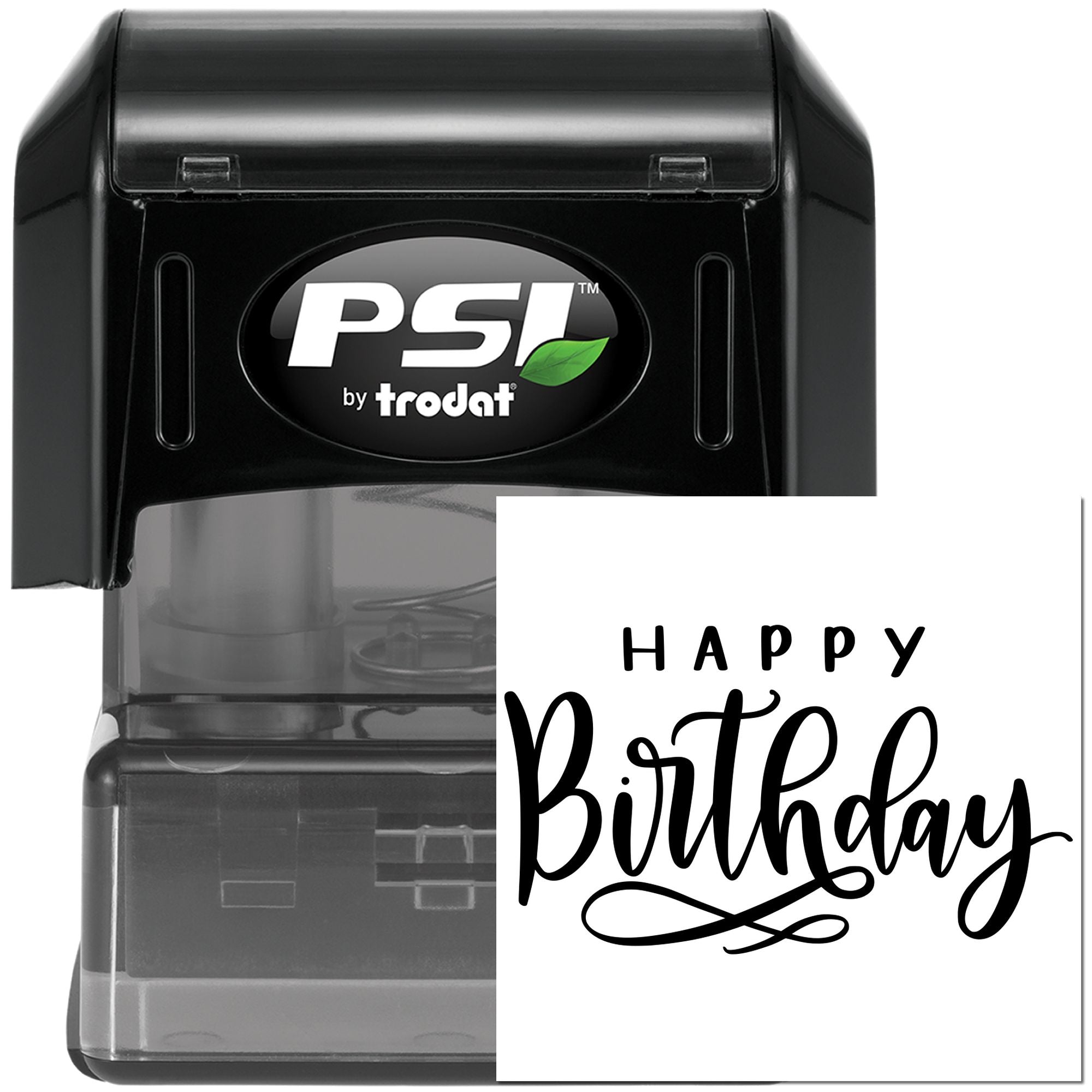 PSI by Trodat self-inking rubber stamp with Happy Birthday design for custom birthday cards, invitations, and craft projects.