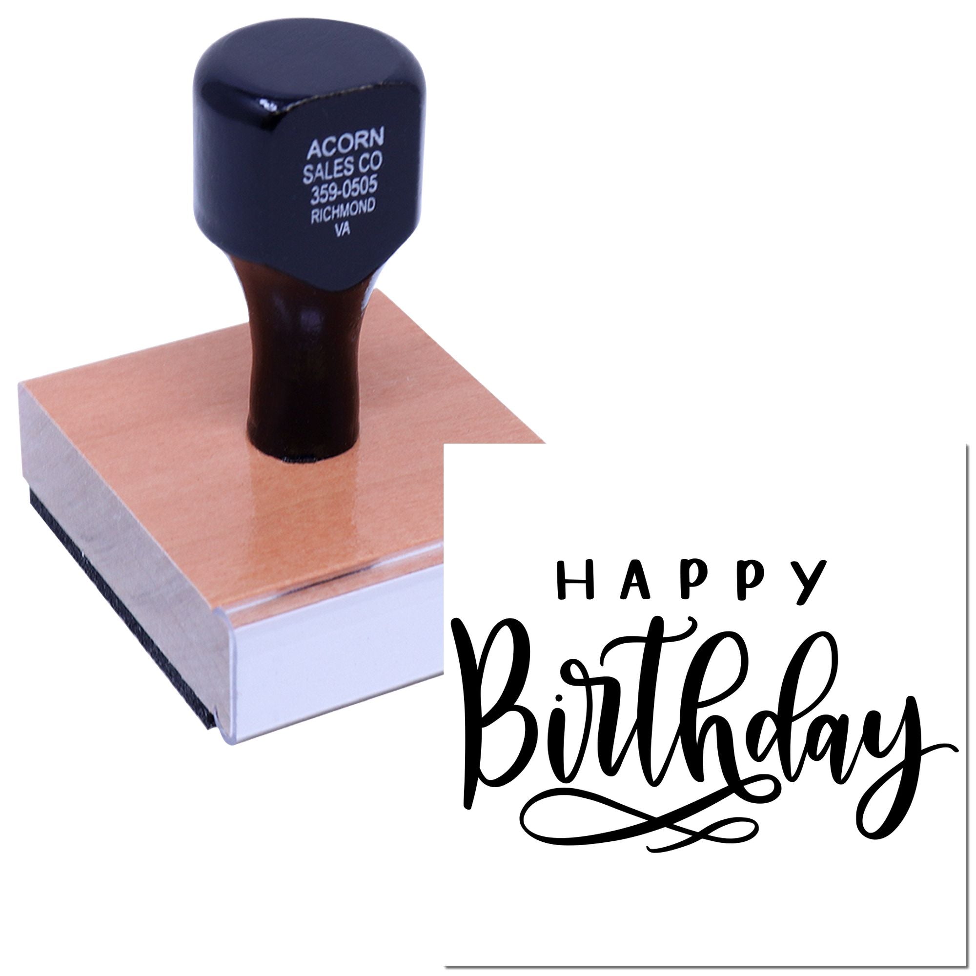 Happy Birthday rubber stamp with custom self-inking design for greeting cards, scrapbooking, and craft projects.