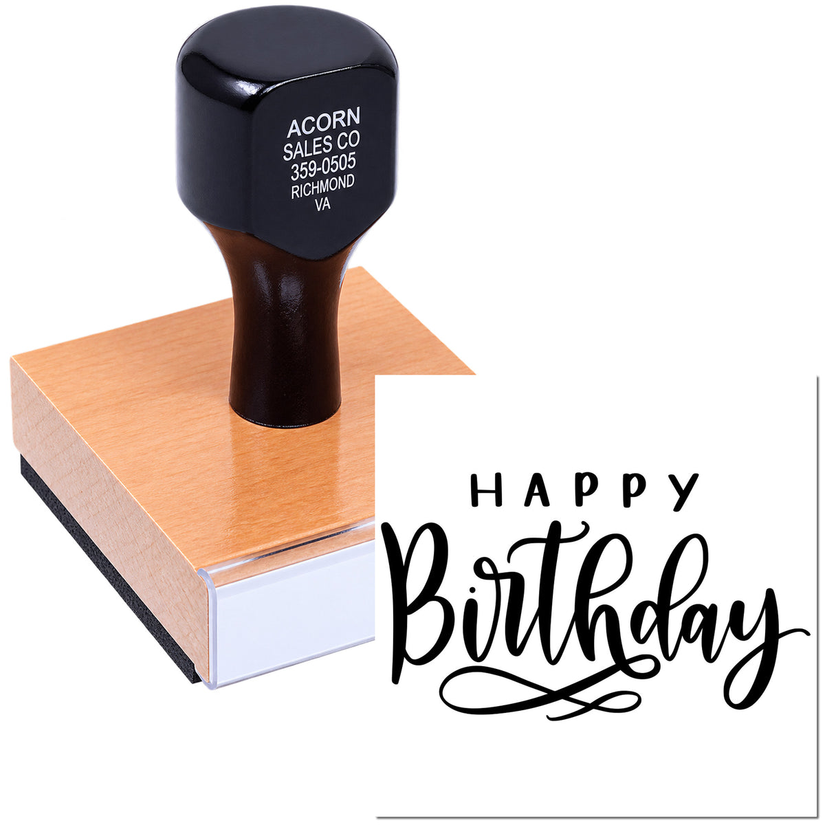 Happy Birthday rubber stamp with custom self-inking design for greeting cards, scrapbooking, and craft projects.
