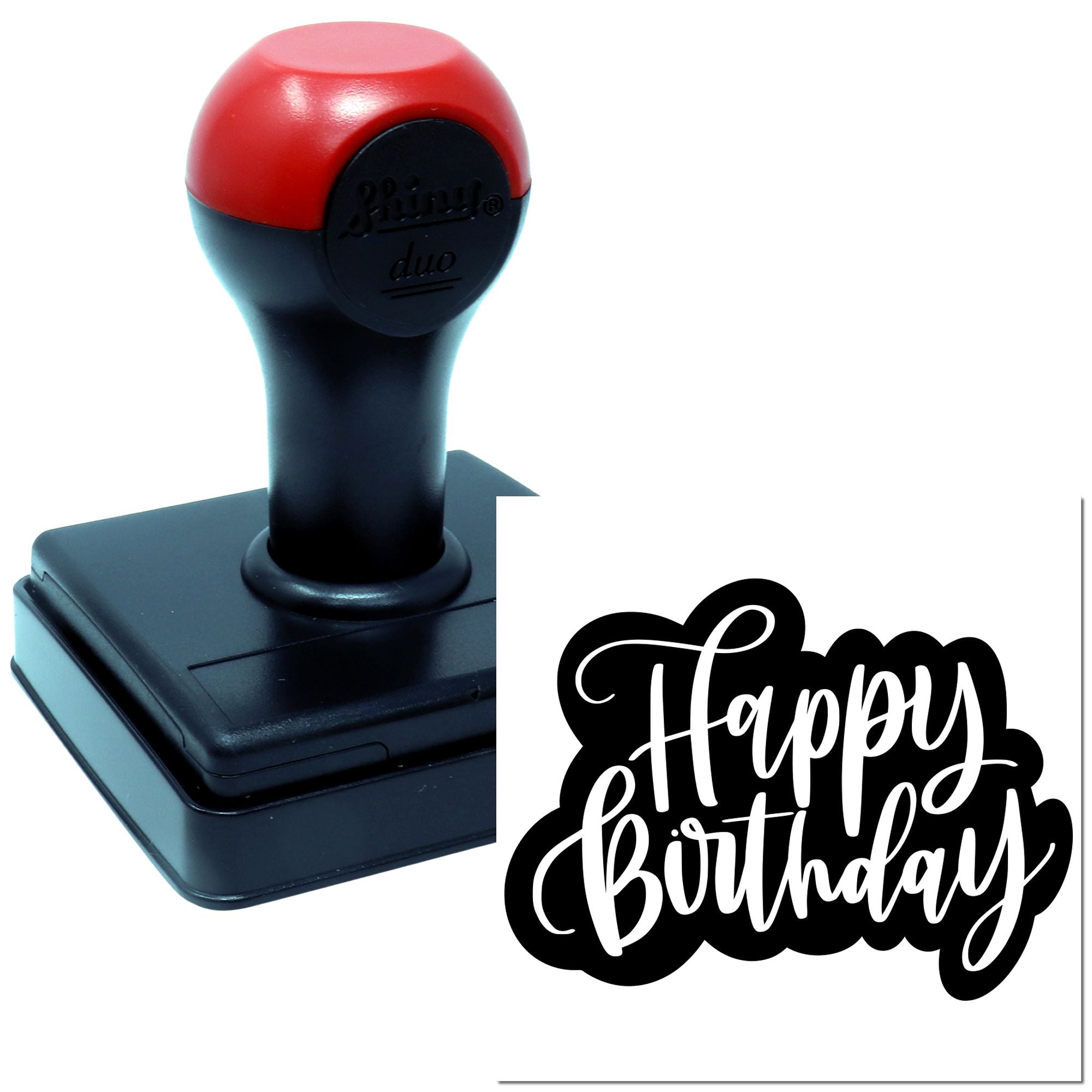 Self-inking Happy Birthday rubber stamp with custom script design for cards, crafts, invitations and birthday packaging.