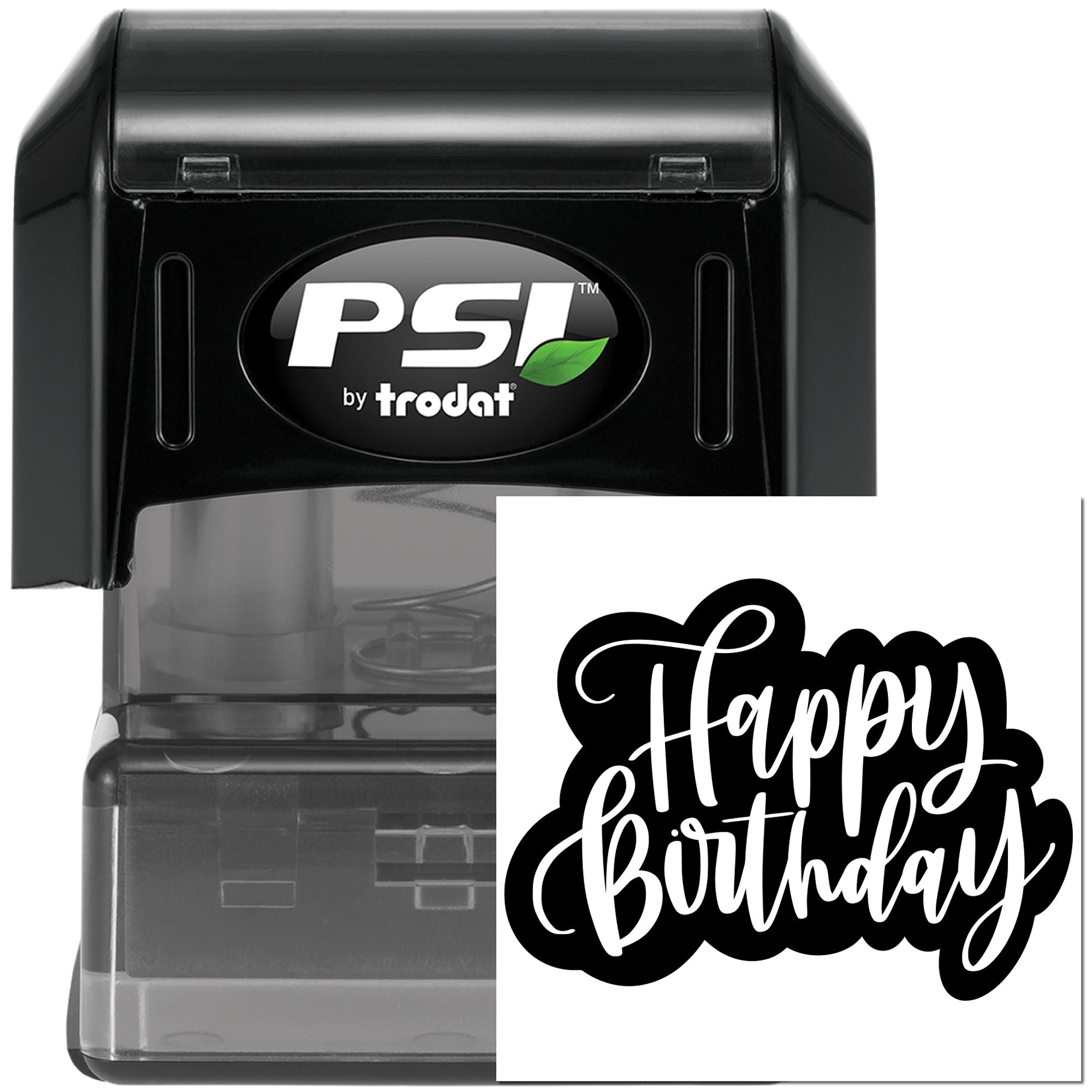 Happy Birthday self-inking rubber stamp by PSI Trodat for custom greeting cards, party favors, and invitations.