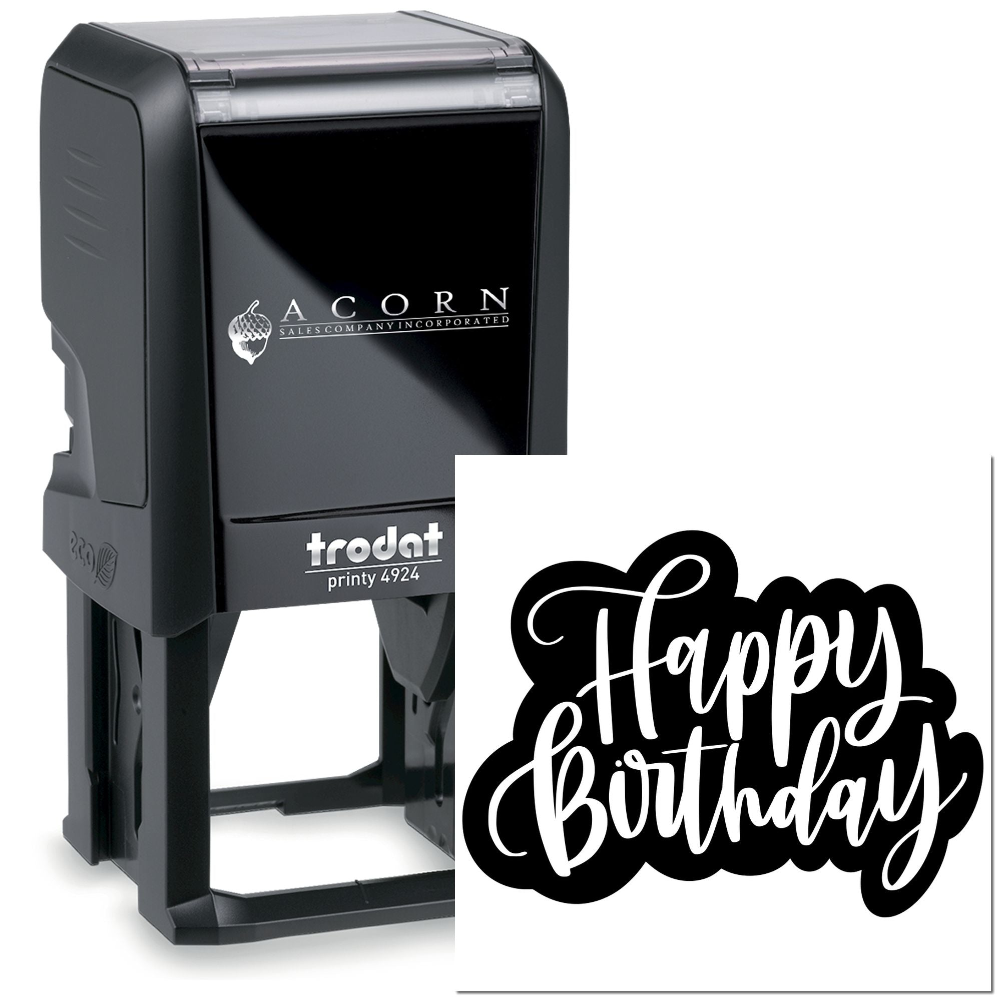 Custom self-inking Trodat Printy 4924 rubber stamp with Happy Birthday design for personalized cards and gift packaging.