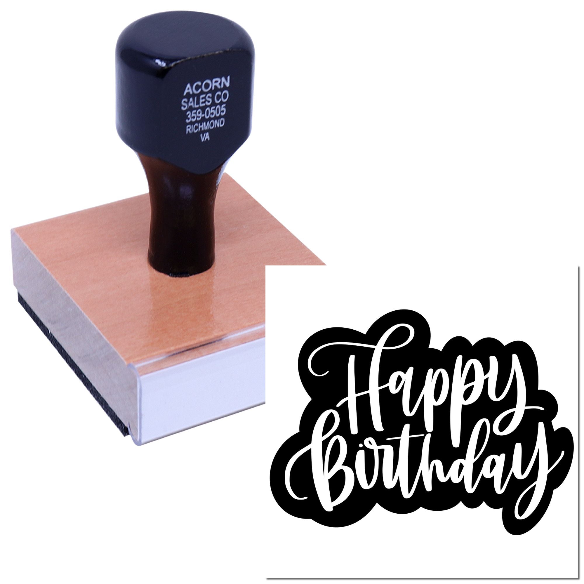 Custom Happy Birthday rubber stamp for greeting cards, party invitations, and handmade craft projects.