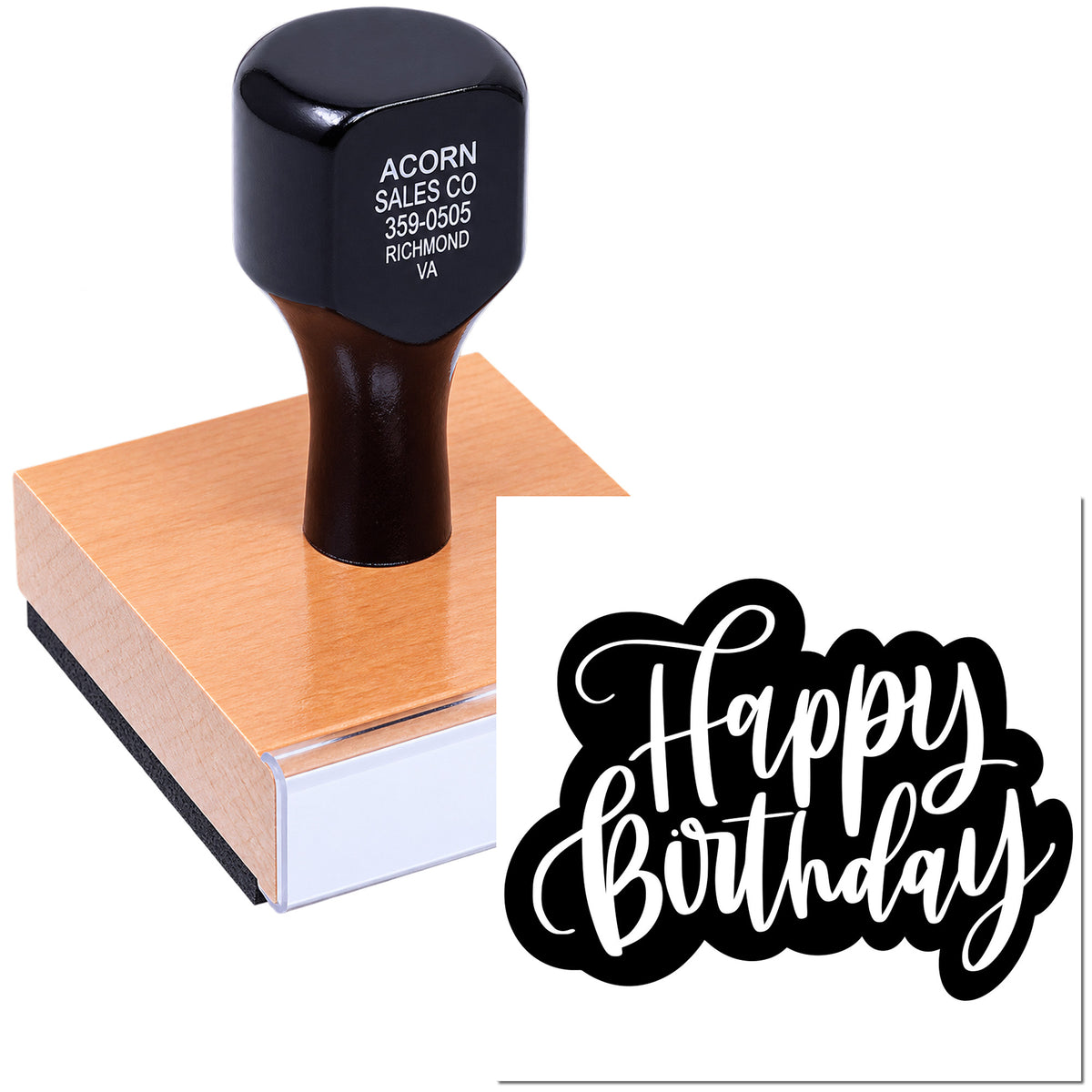 Custom Happy Birthday rubber stamp for greeting cards, party invitations, and handmade craft projects.