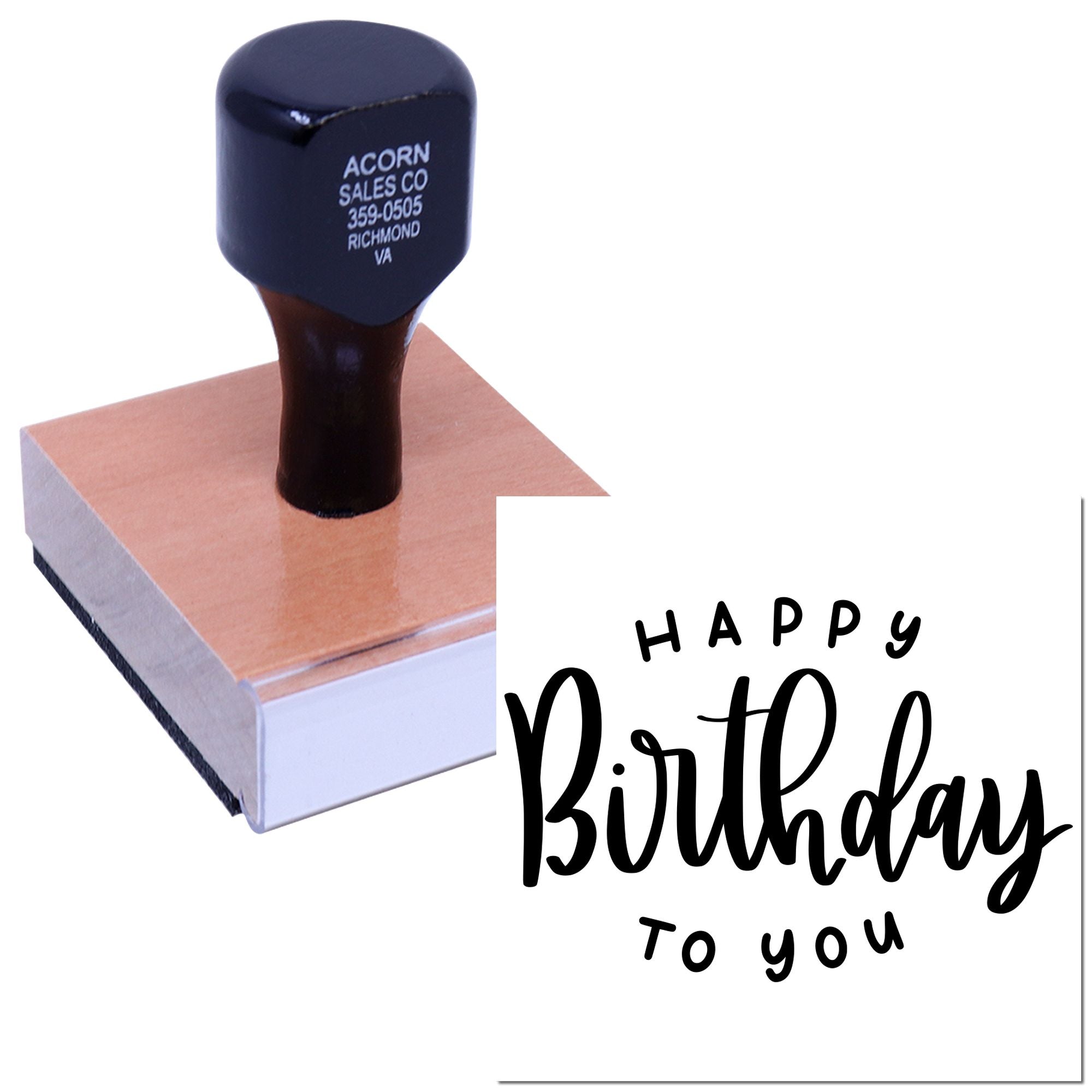Custom Happy Birthday to You rubber stamp with wooden handle for greeting cards, party invitations, and craft projects.