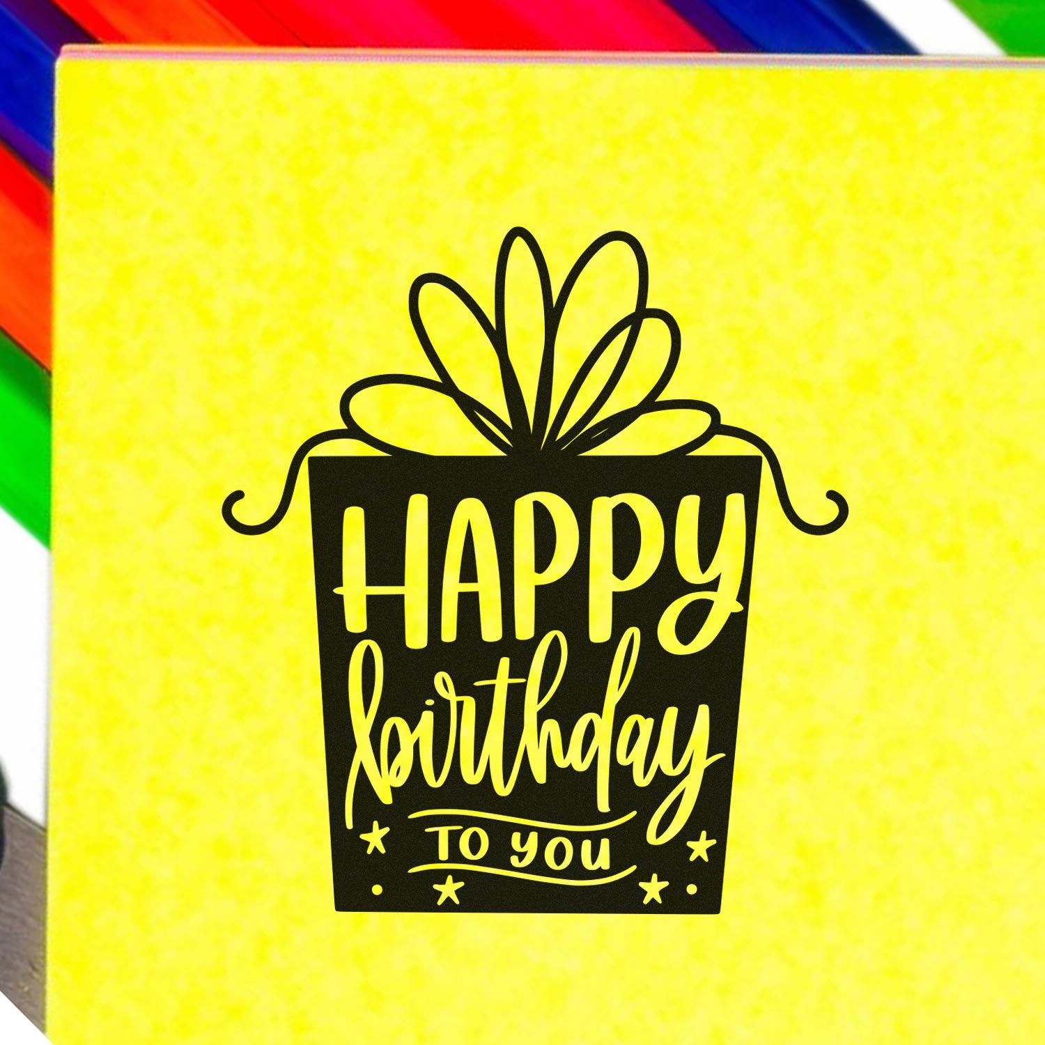 Happy birthday to you rubber stamp design with gift box icon for birthday cards, invitations, and handmade crafts.