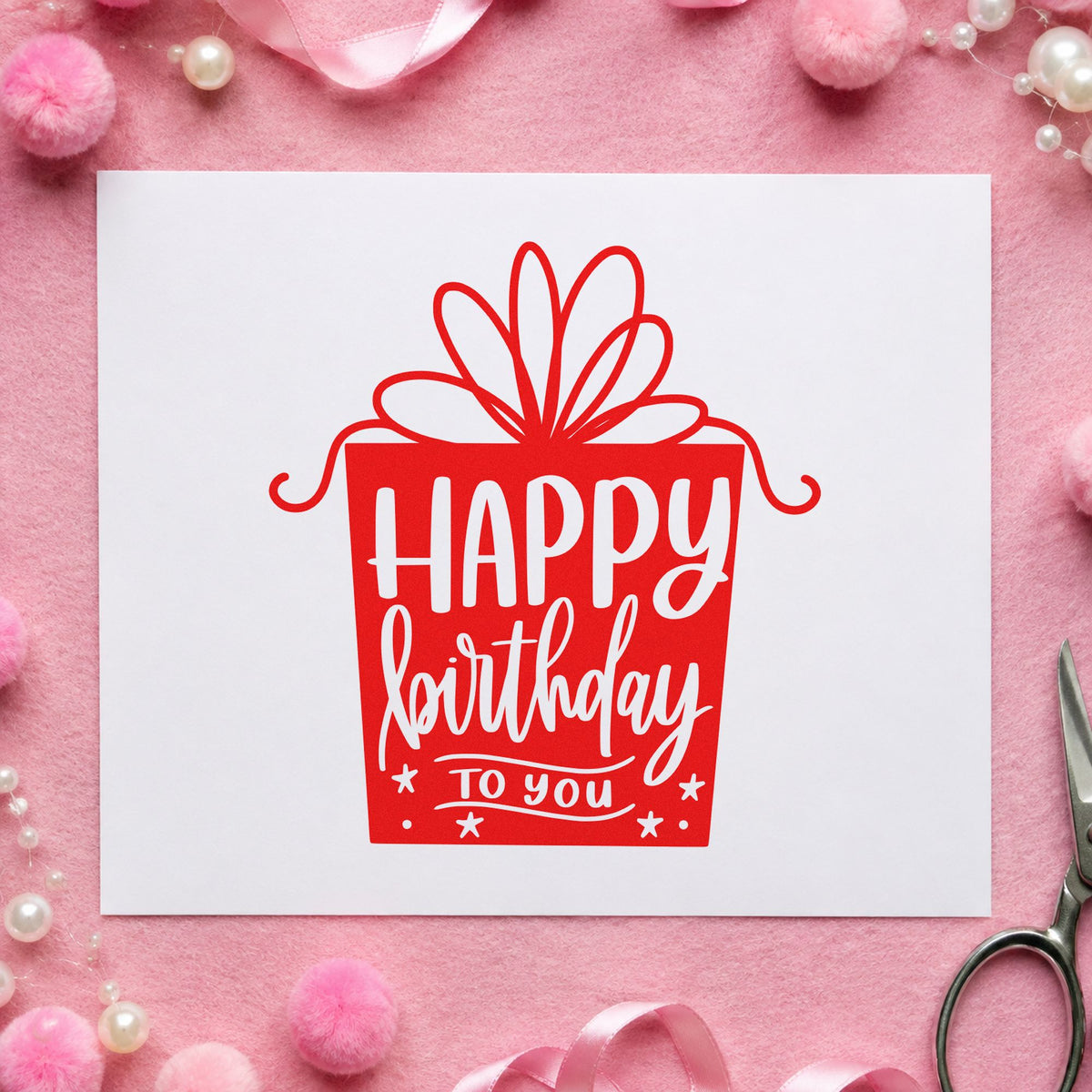 Birthday Gift Shaped Lettering craft stamp imprint in red ink on a handmade project, one idea being donation info cards.