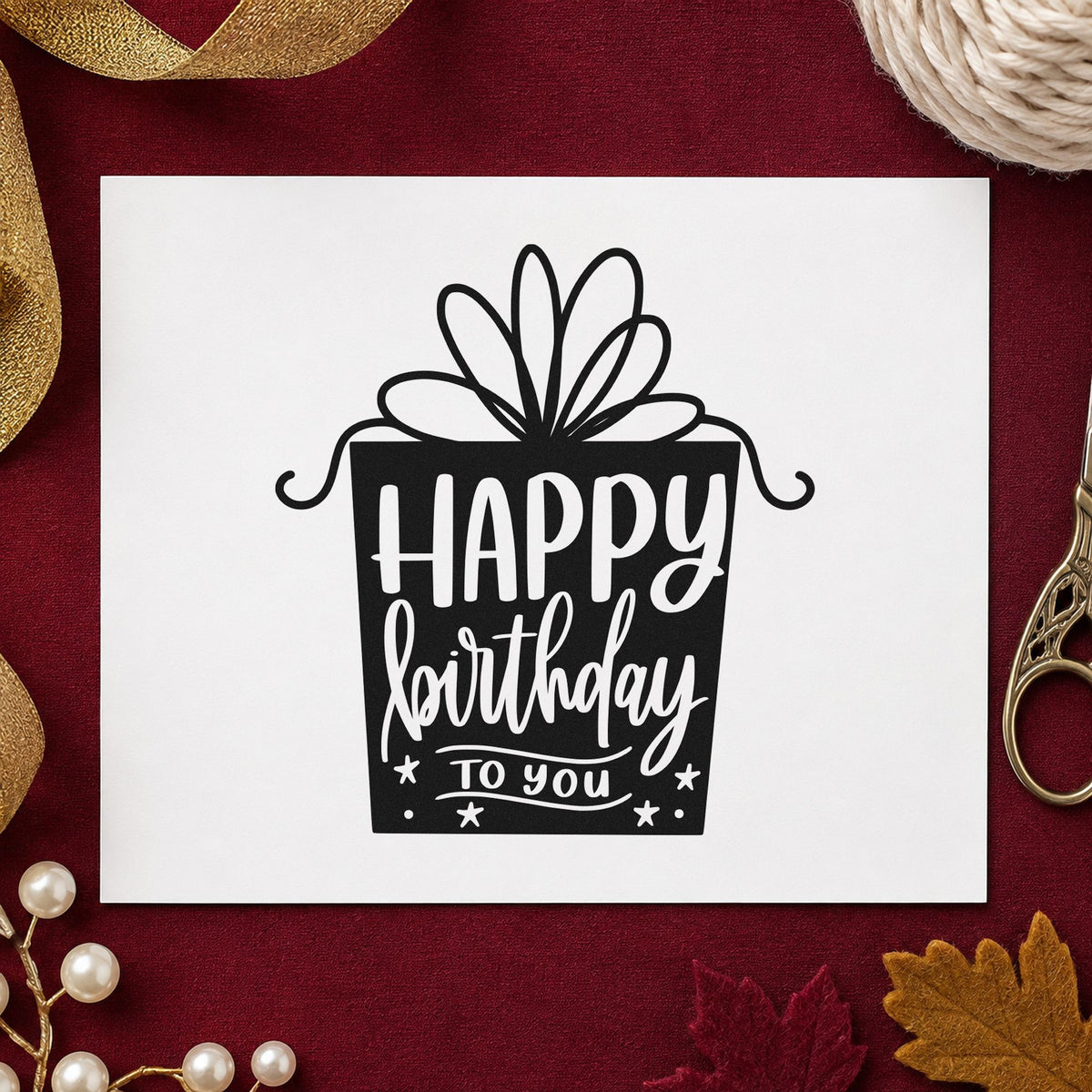 Birthday Gift Shaped Lettering rubber stamp printed in black ink, ready for outlined bow cards and similar paper crafts.