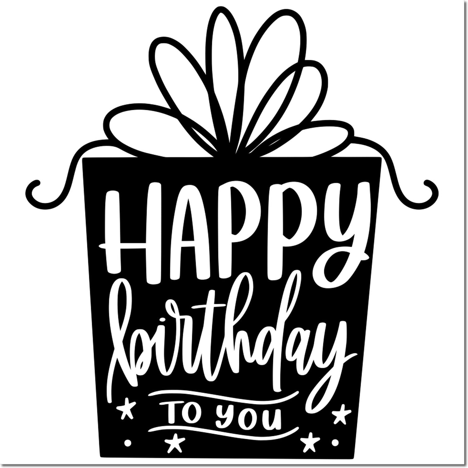 Happy birthday to you gift box rubber stamp with bow, perfect for birthday cards, scrapbooking, and handmade gifts.