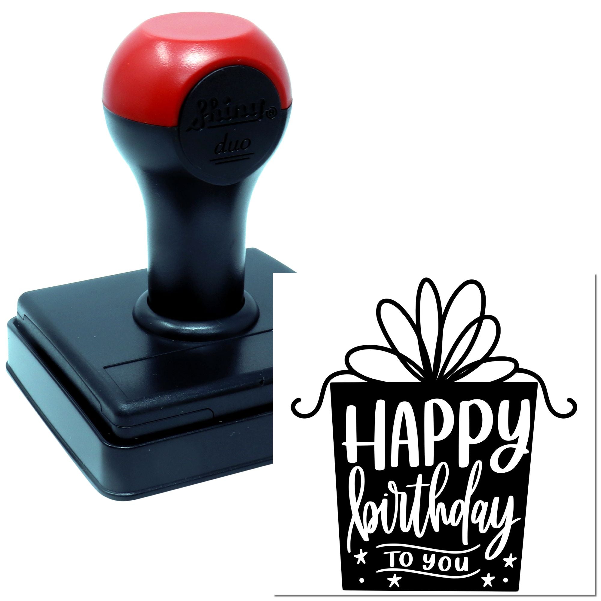Self-inking rubber stamp with Happy Birthday to You gift design for birthday cards, crafts, and packaging.