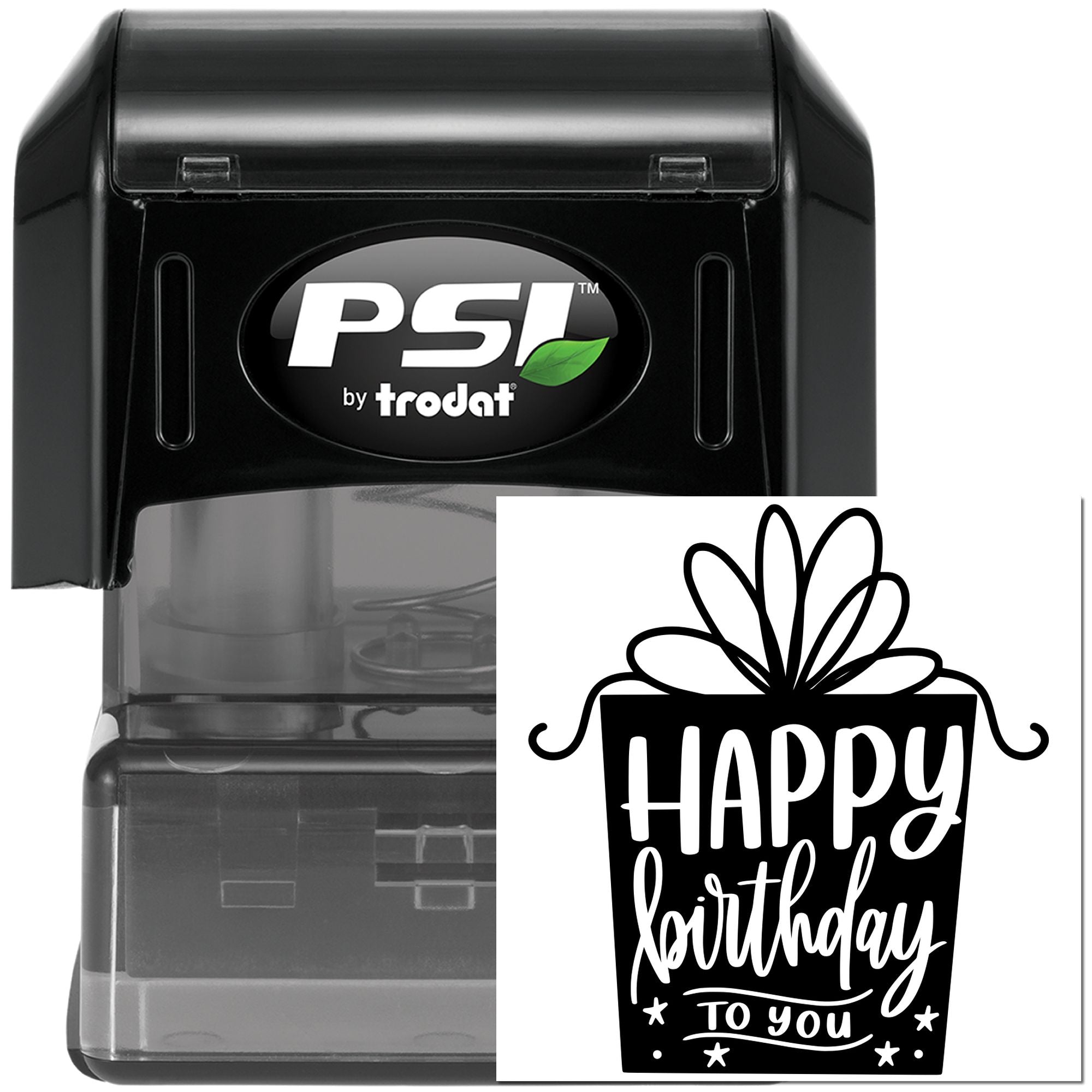 PSI by Trodat self-inking rubber stamp with Happy Birthday to You design for greeting cards and gift packaging.