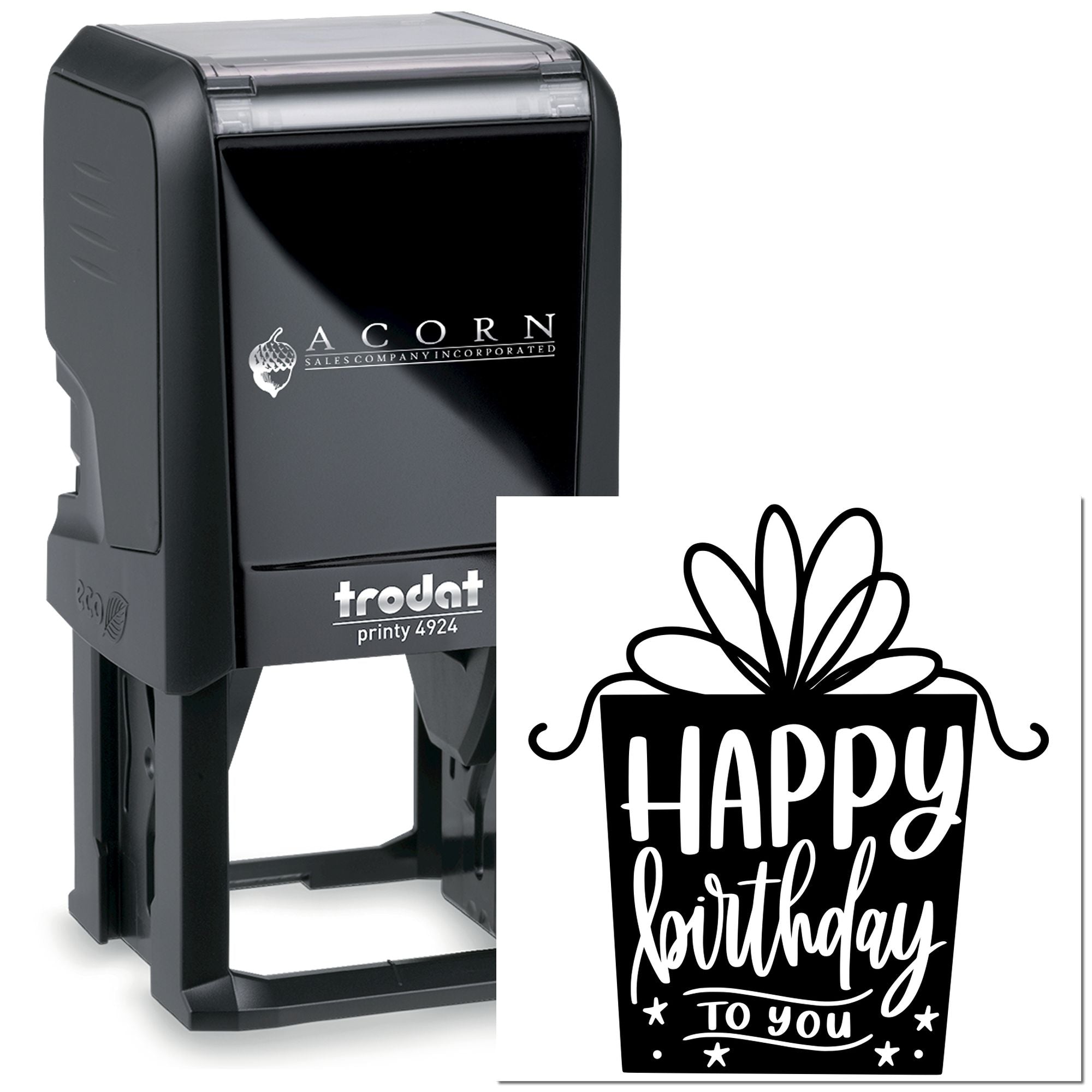 Trodat Printy 4924 self-inking rubber stamp with custom Happy Birthday to You gift design for cards and packaging.