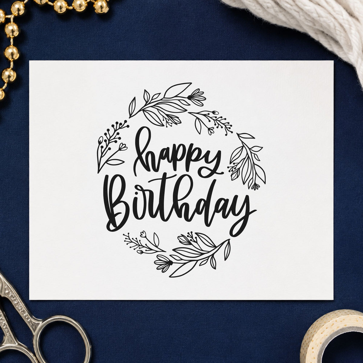 Happy Birthday Leafy Wreath craft stamp in black ink on cardstock, an easy option for studio term album page.
