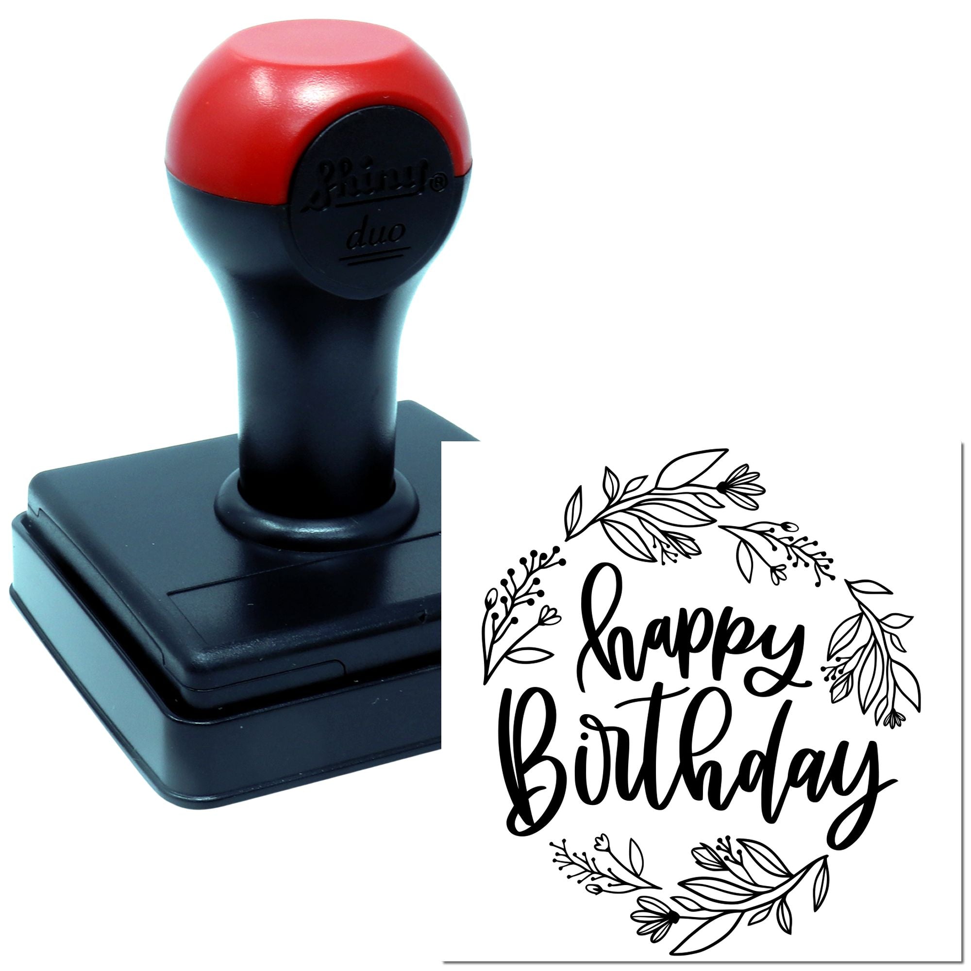 Self-inking rubber stamp with floral Happy Birthday design for custom greeting cards and DIY crafts.