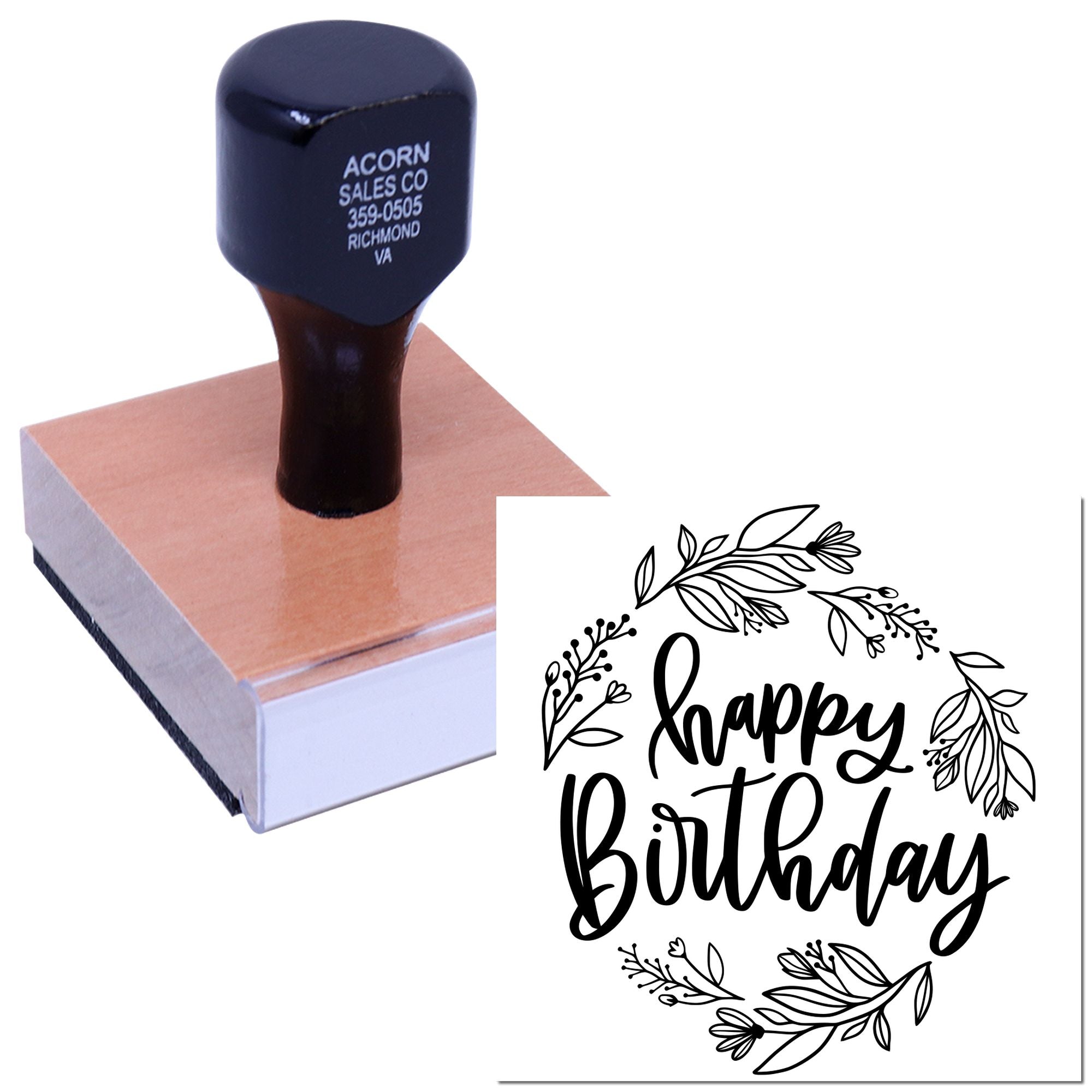 Custom rubber stamp with floral Happy Birthday design for handmade cards, scrapbooking, and birthday invitations.