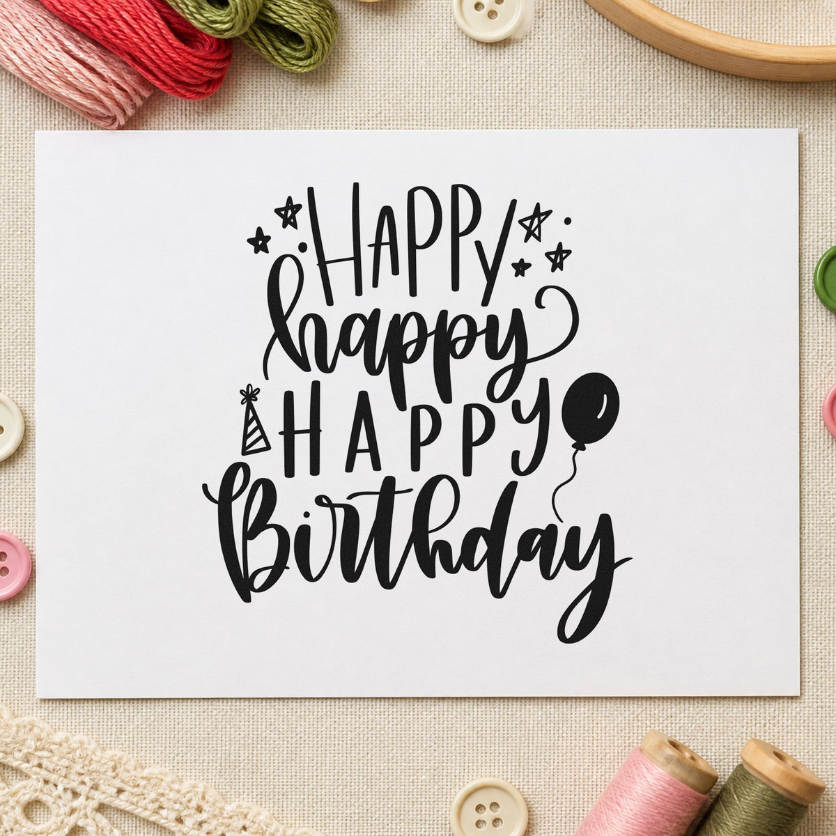 Repeated Happy Birthday Balloons craft stamp in black ink on cardstock, an easy option for toddler album page.