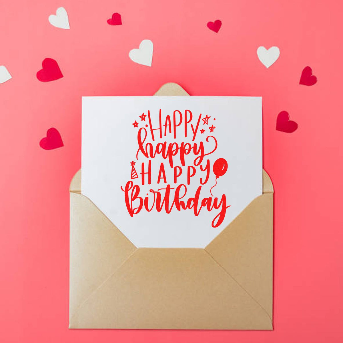 Repeated Happy Birthday Balloons rubber stamp shown in red ink, stamped for projects such as toddler album page.