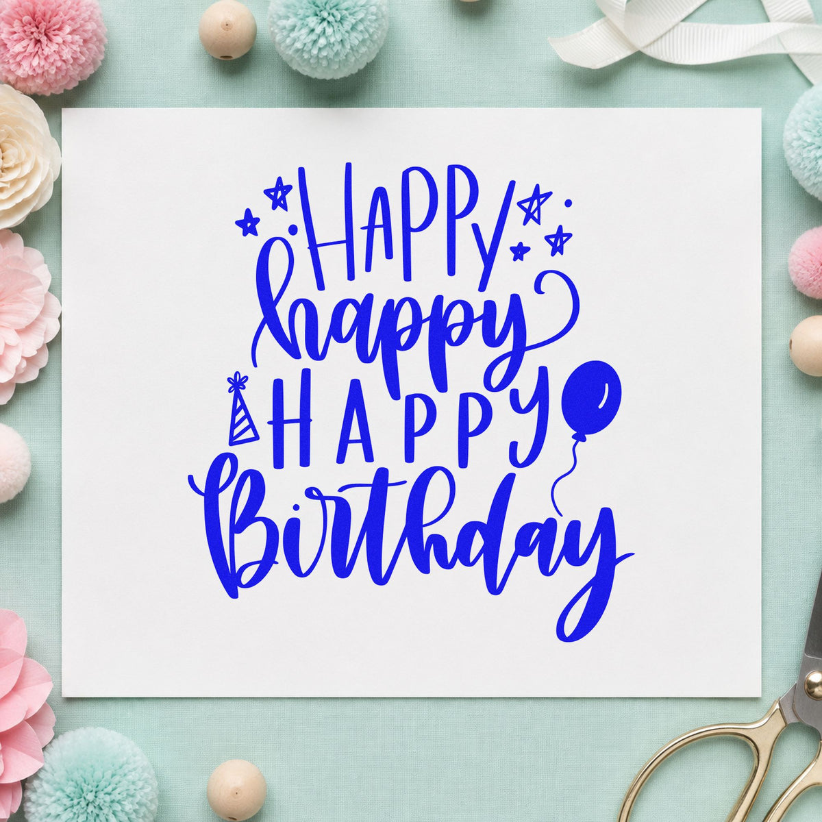 Repeated Happy Birthday Balloons craft stamp imprinted in blue ink on paper, a design suited to framed play room.