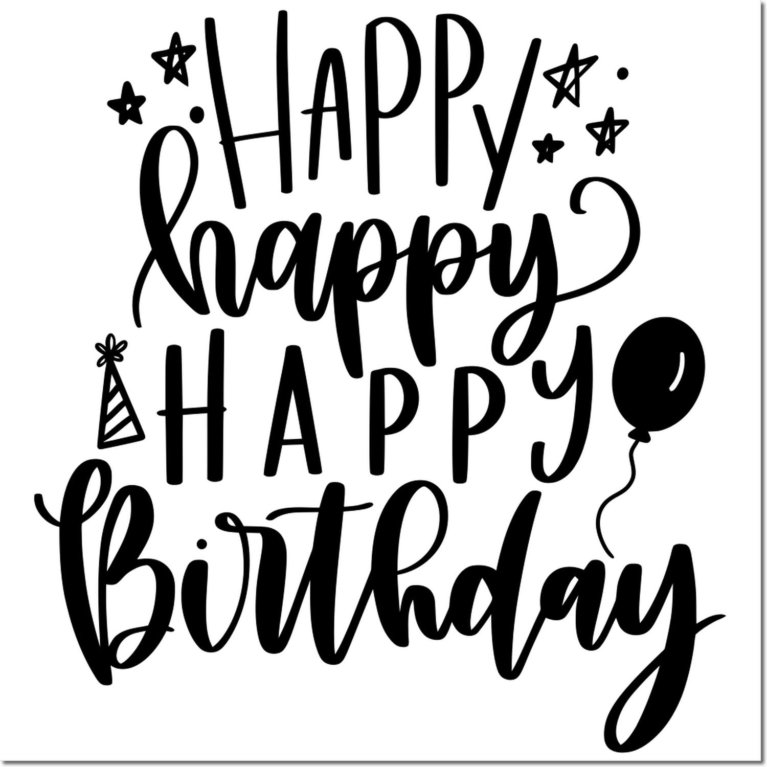 Happy Happy Birthday rubber stamp design with stars, party hat and balloon for festive birthday cards and crafts.