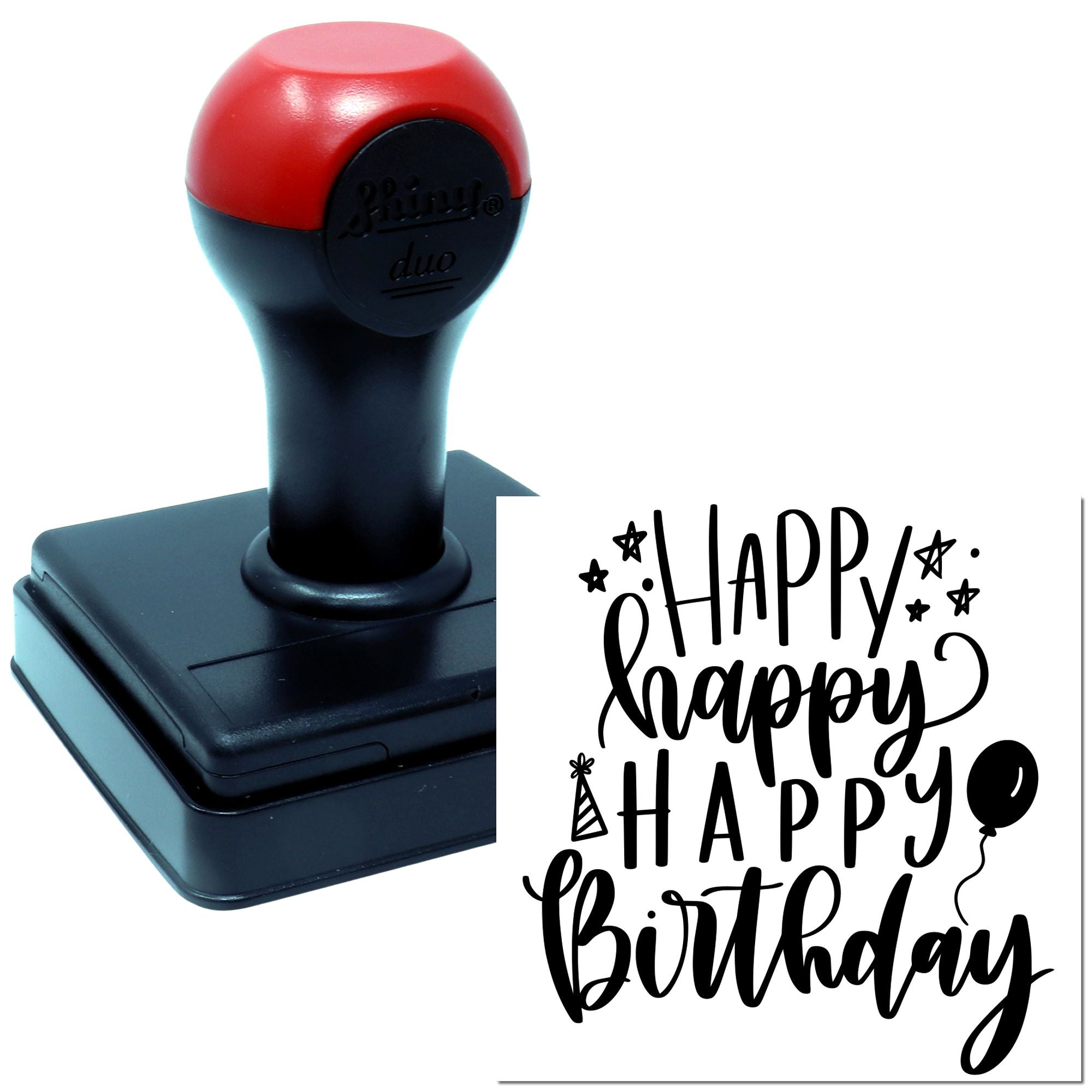 Happy Birthday rubber stamp with self-inking stamp tool, ideal for custom birthday card making and party crafts.