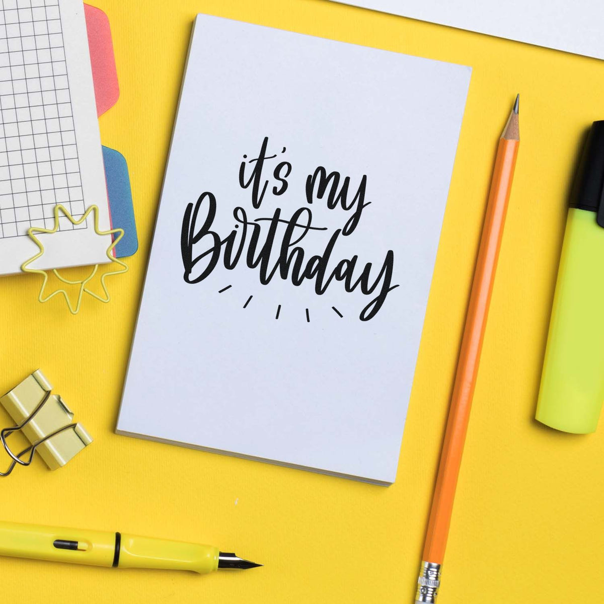 Premium Wooden My Birthday Radiating Script Lettering Stamp - Vintage Pro imprint stamped in black ink. it's my birthday appears in flowing script with short radiating lines below.