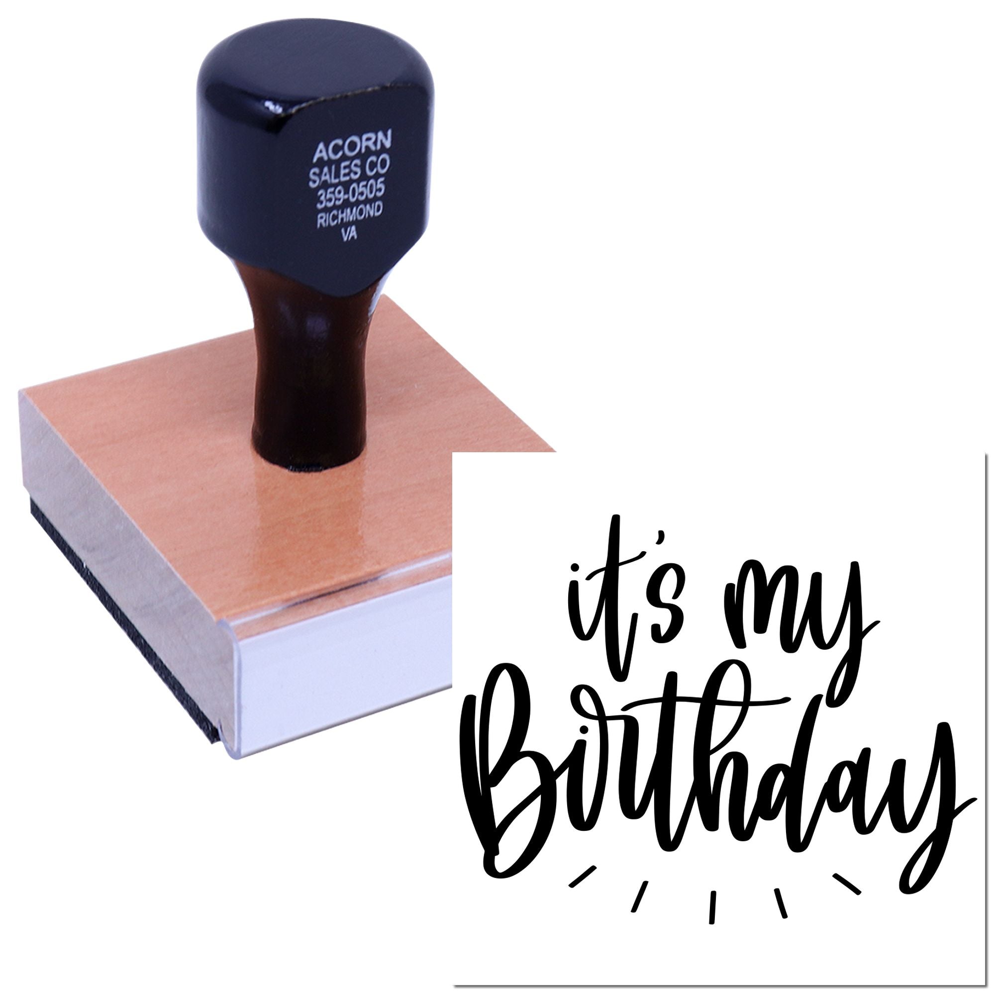 Personalized rubber birthday stamp with its my birthday script for cards, gifts, and party invitations.