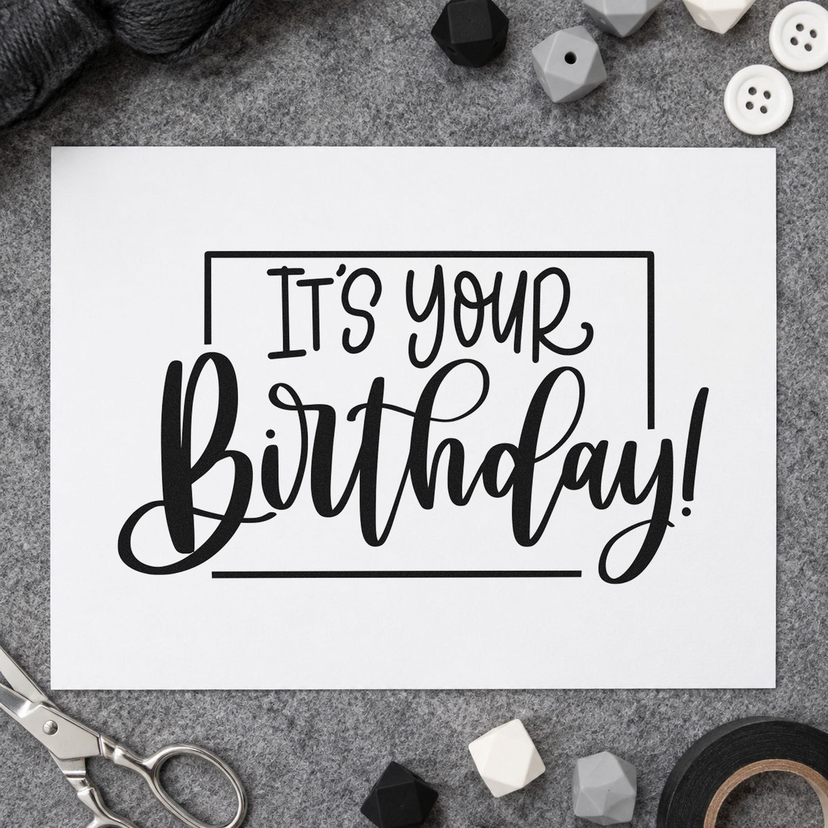 It Is Your Birthday craft stamp imprint in black ink on a handmade project, one idea being dessert gift tags.