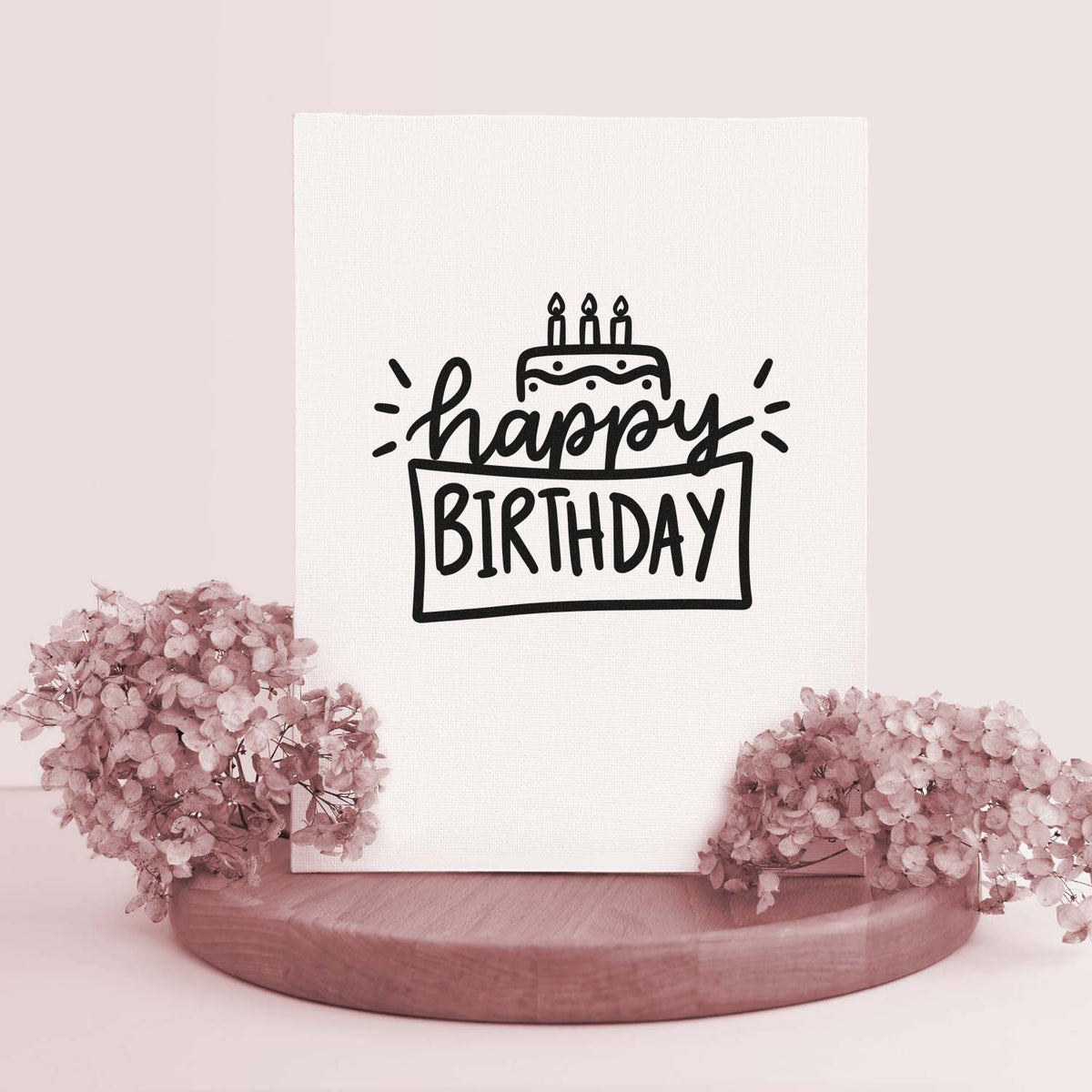 Happy Birthday Cake Framed Lettering Stamp - Premium Vintage Pro Wooden imprint stamped in black ink. happy BIRTHDAY appears with a three-candle cake, side accent rays, and an outlined lower rectangle.