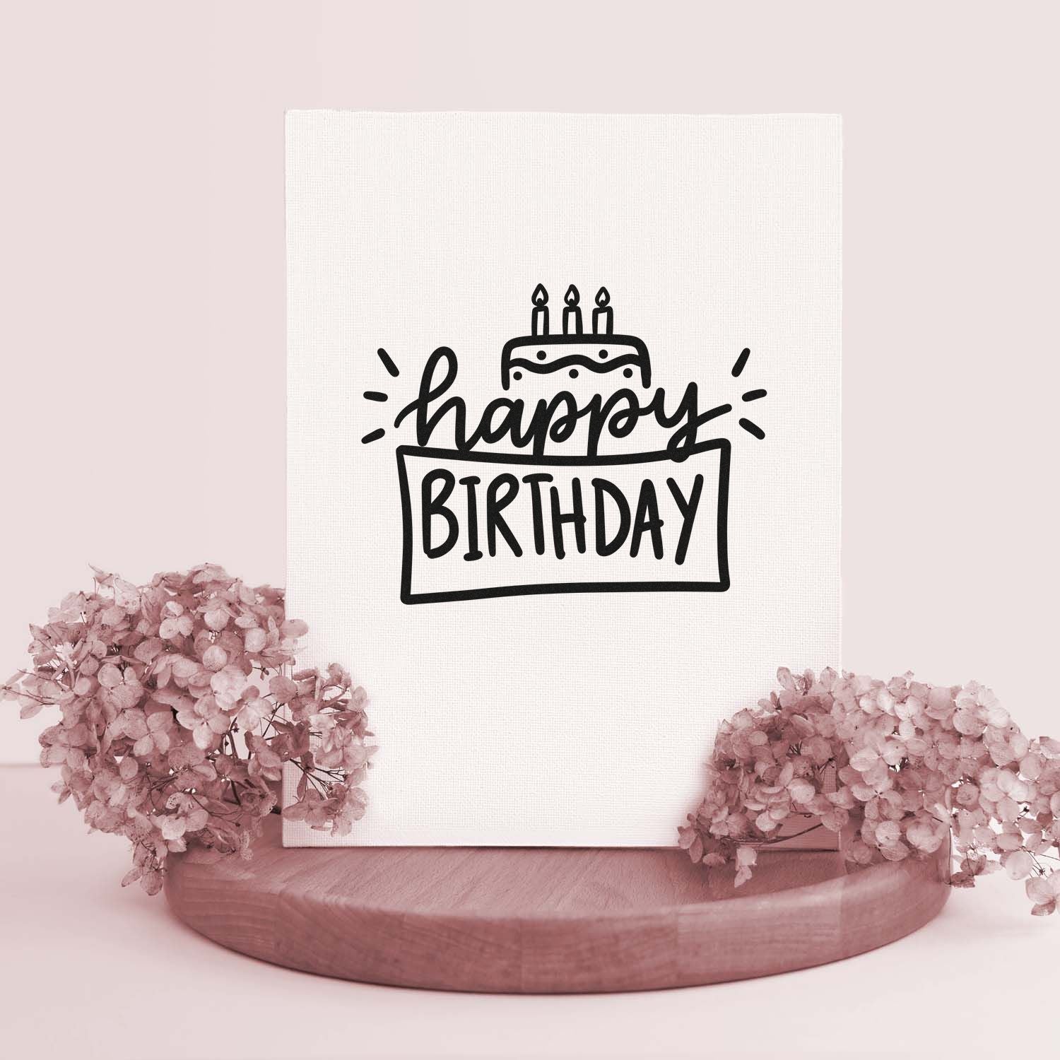 Happy Birthday rubber stamp design with cake icon for cards, scrapbooking, and party invitations.